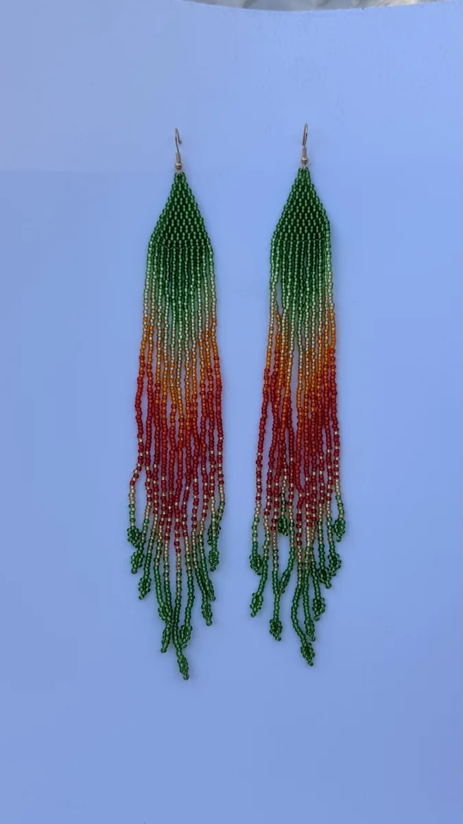 Pair of green-to-red ombre beaded fringe earrings with gold hooks.