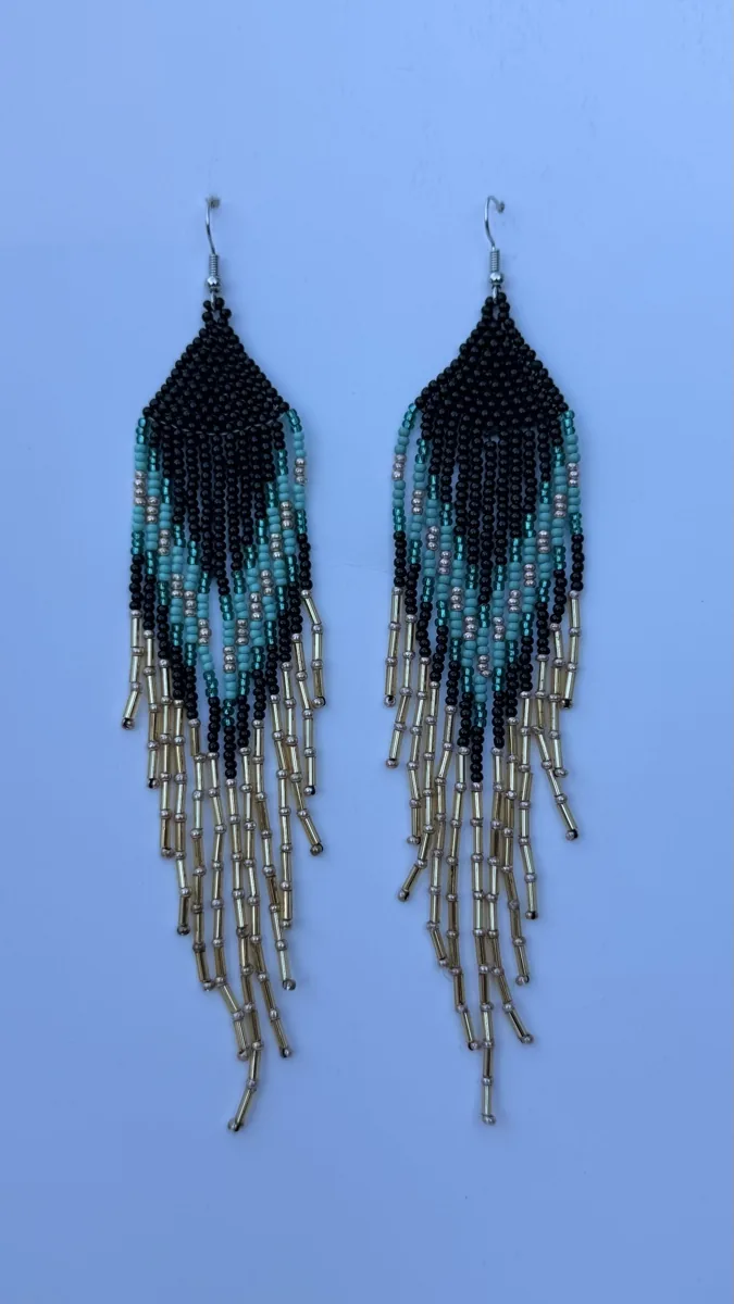 Black and teal beaded triangular drop earrings with gold fringe.