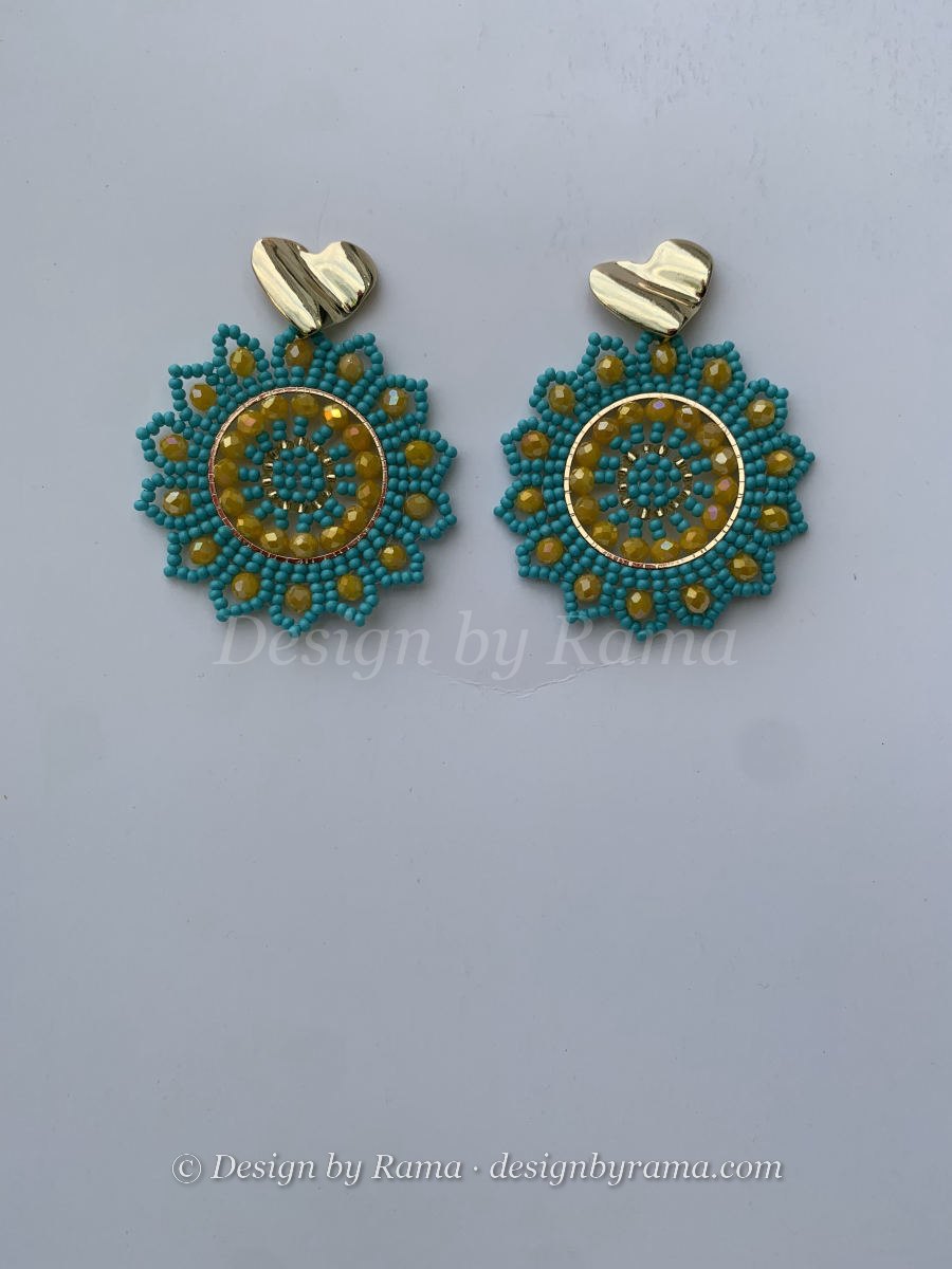 Large round mandala disc earrings in turquoise and olive with faceted crystal accents and hammered gold heart stud.