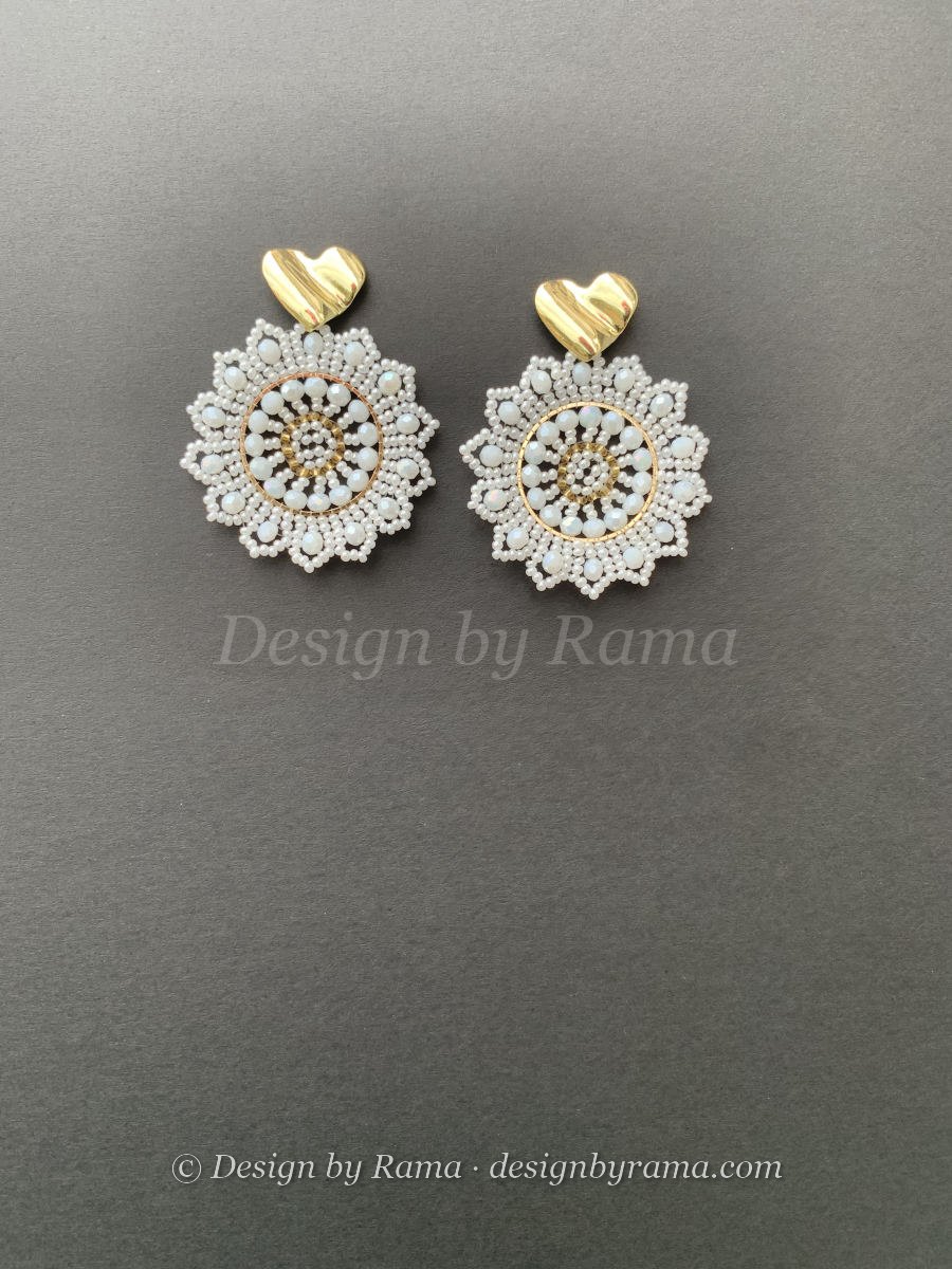 Elegant pearl white mandala disc earrings with gold seed bead centre and hammered gold heart stud top.