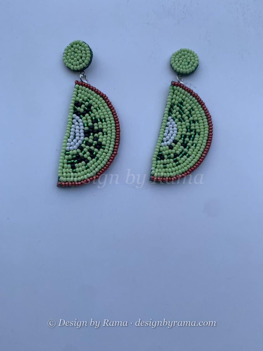Beaded kiwi fruit slice earrings in light and dark green with white and red-brown seed pattern detail, light green stud top.