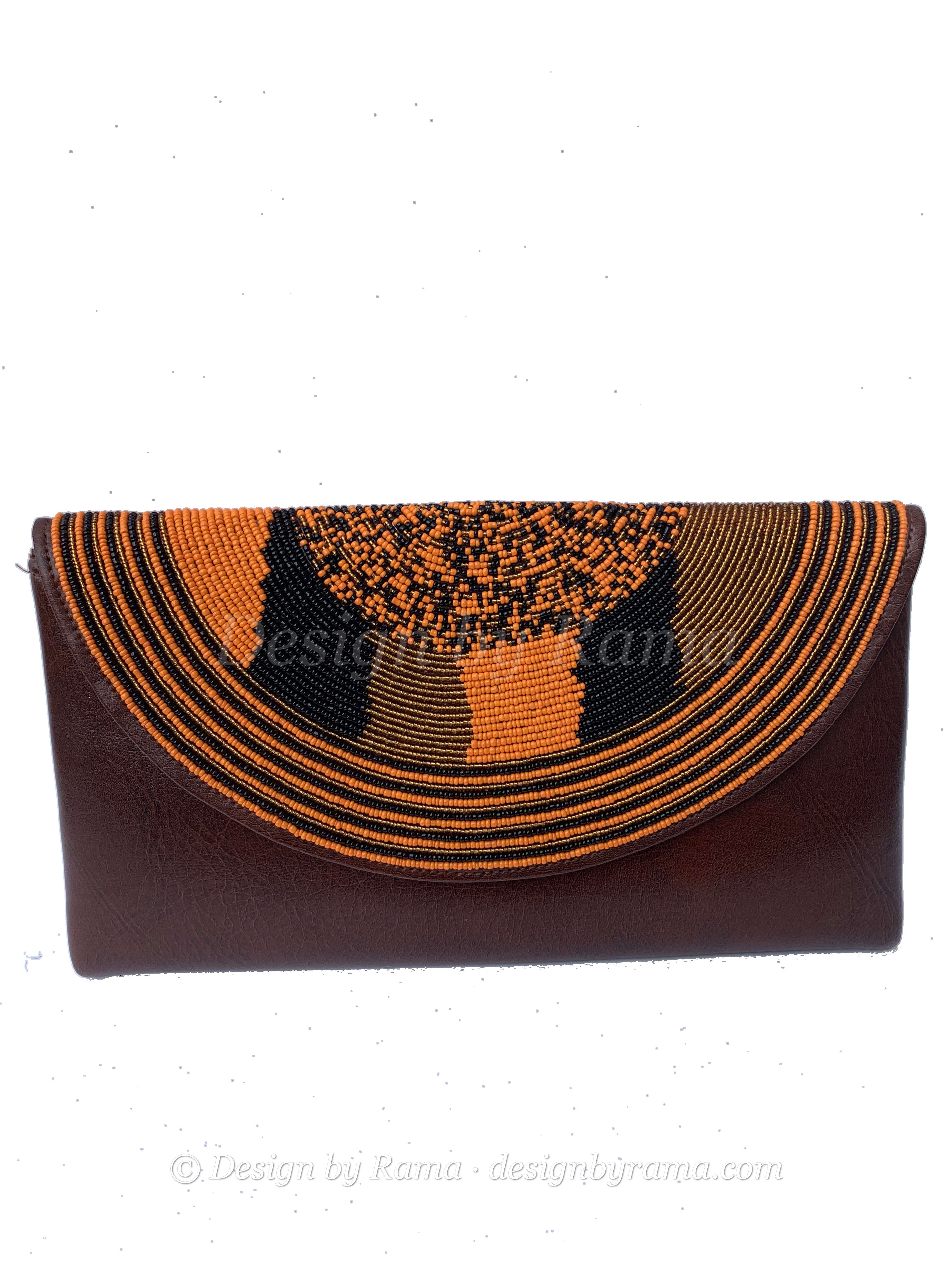 Kumasi Tree of Life Clutch — handmade brown leather, orange, black, gold beaded leather clutch by Rama, Ghana, Duncan BC