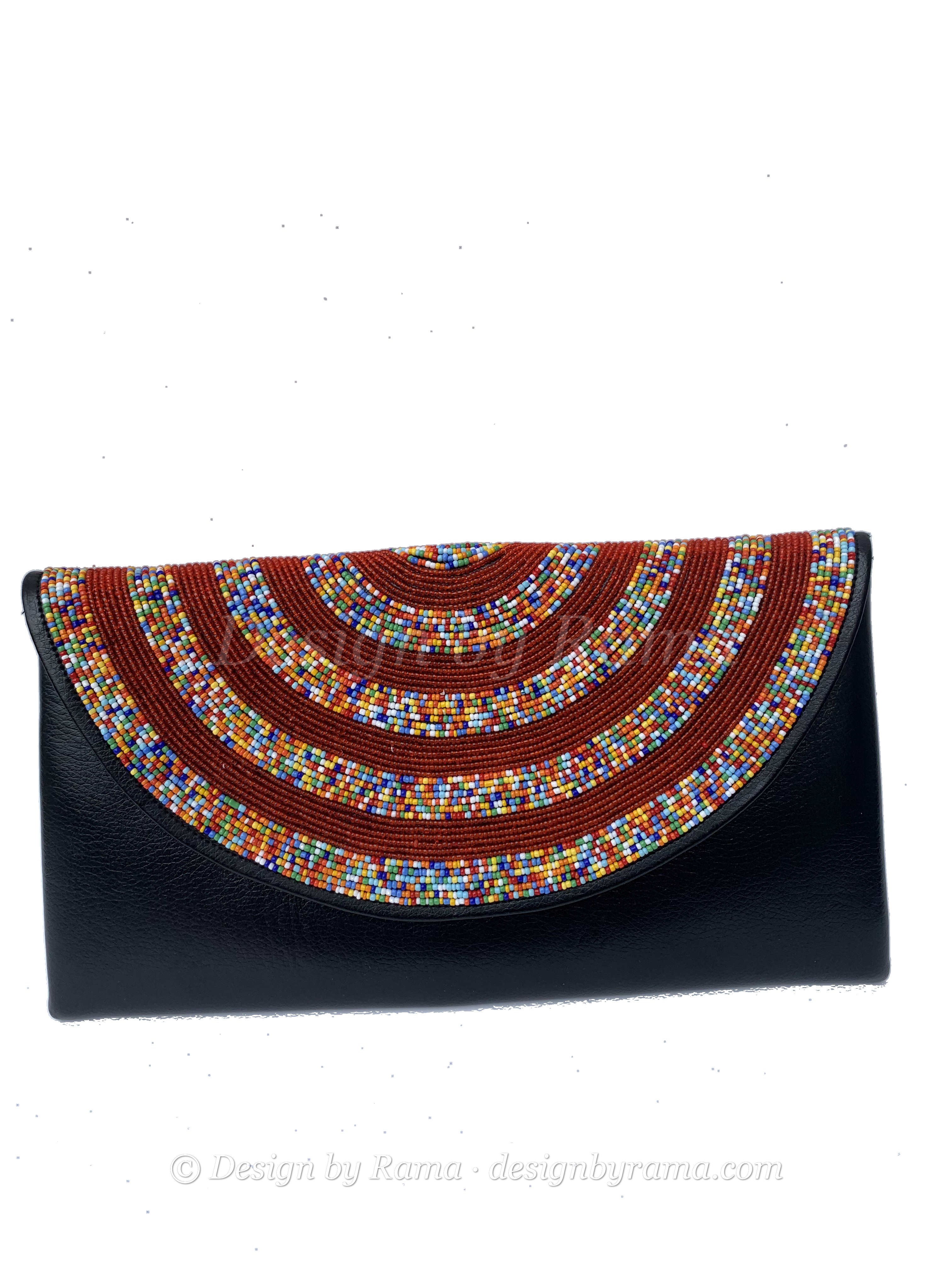 Accra Rainbow Arc Clutch — handmade black leather, rainbow, multicolor beaded leather clutch by Rama, Ghana, Duncan BC