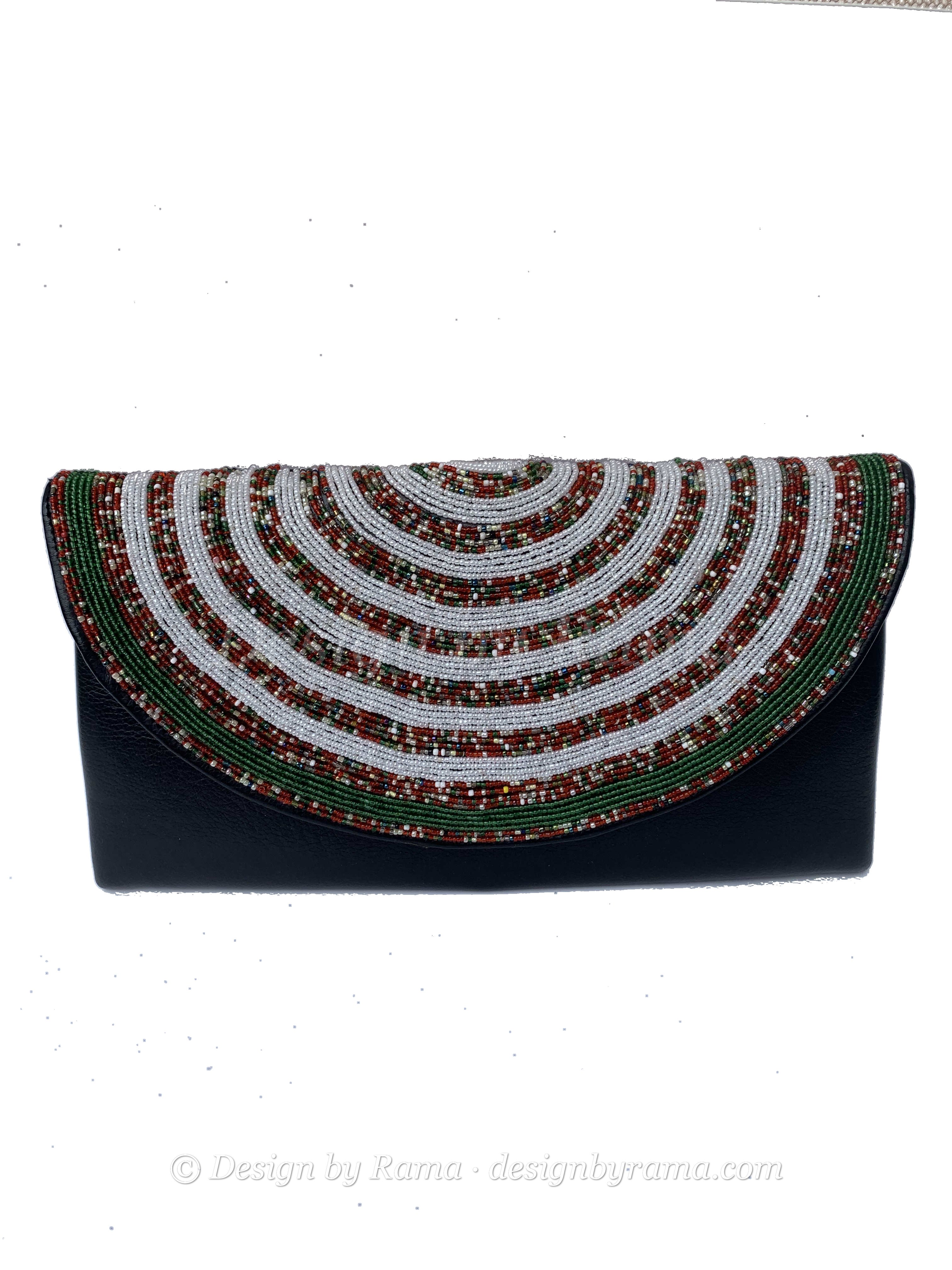 Elmina Ivory Arc Clutch — handmade brown leather, white, black, ivory beaded leather clutch by Rama, Ghana, Duncan BC