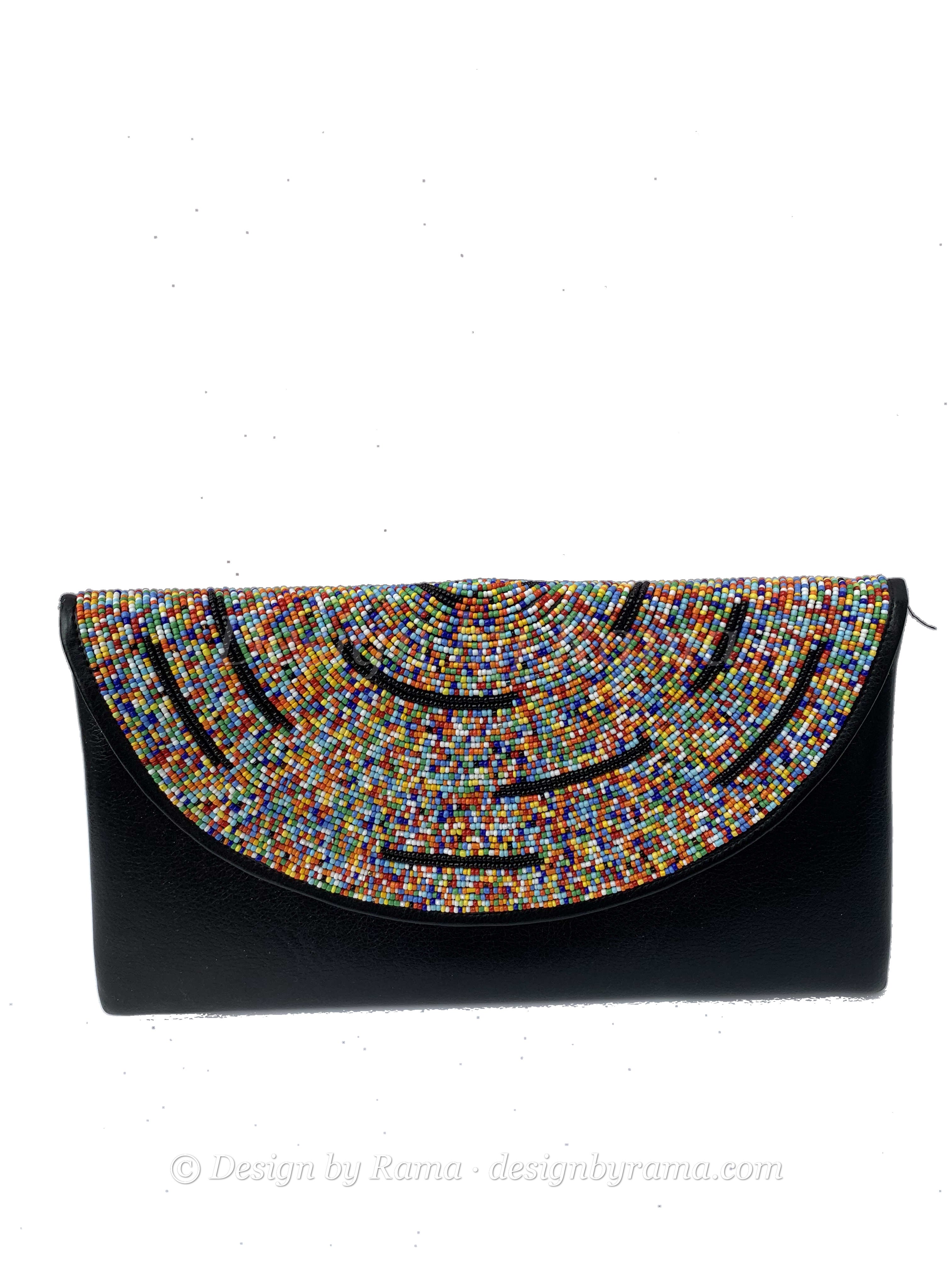 Koforidua Festival Clutch — handmade brown leather, multicolor, festival beaded leather clutch by Rama, Ghana, Duncan BC