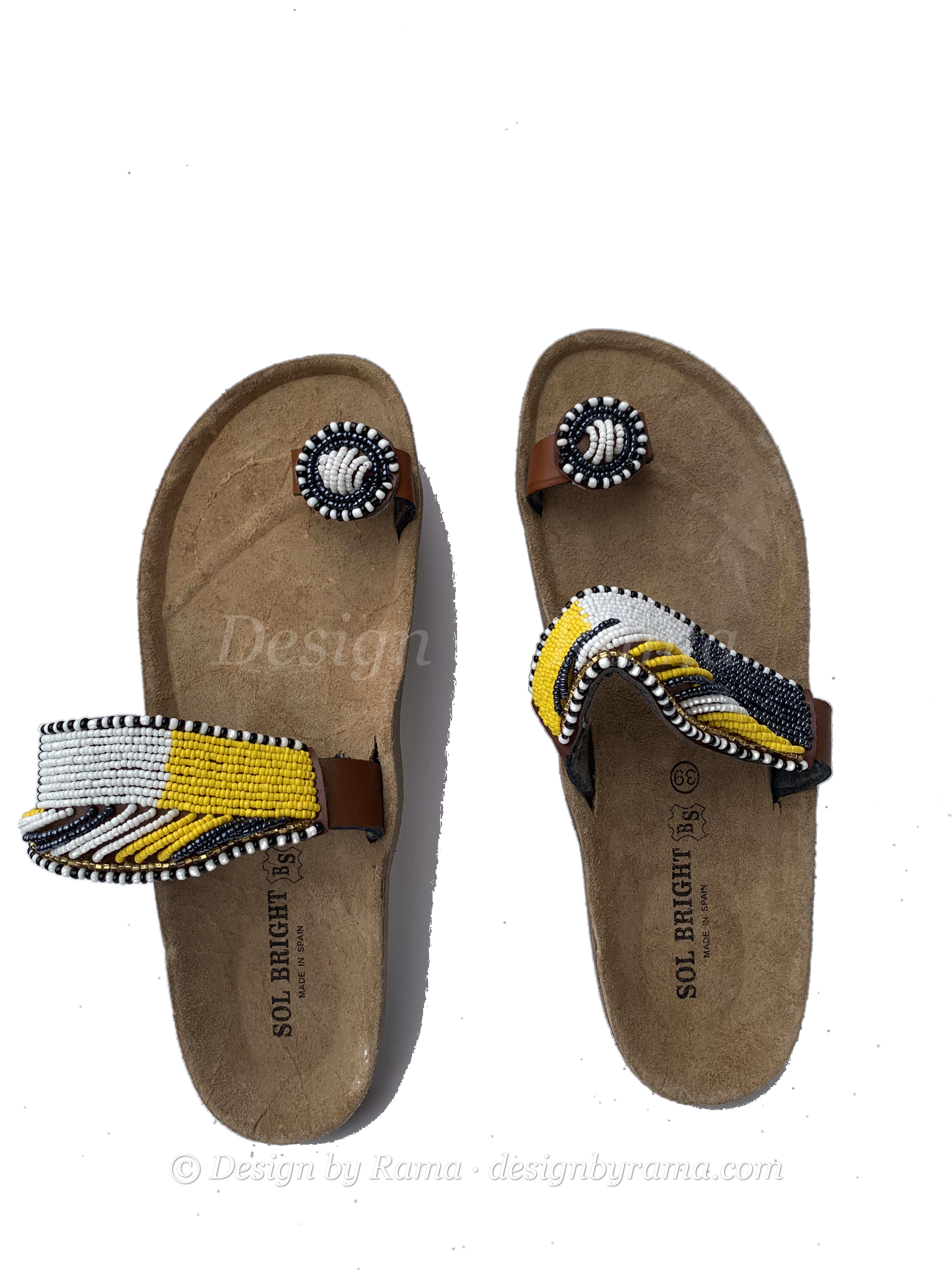 Wa Azure Sandals — handmade blue, yellow, leather beaded leather sandals by Rama, Ghana, Duncan BC