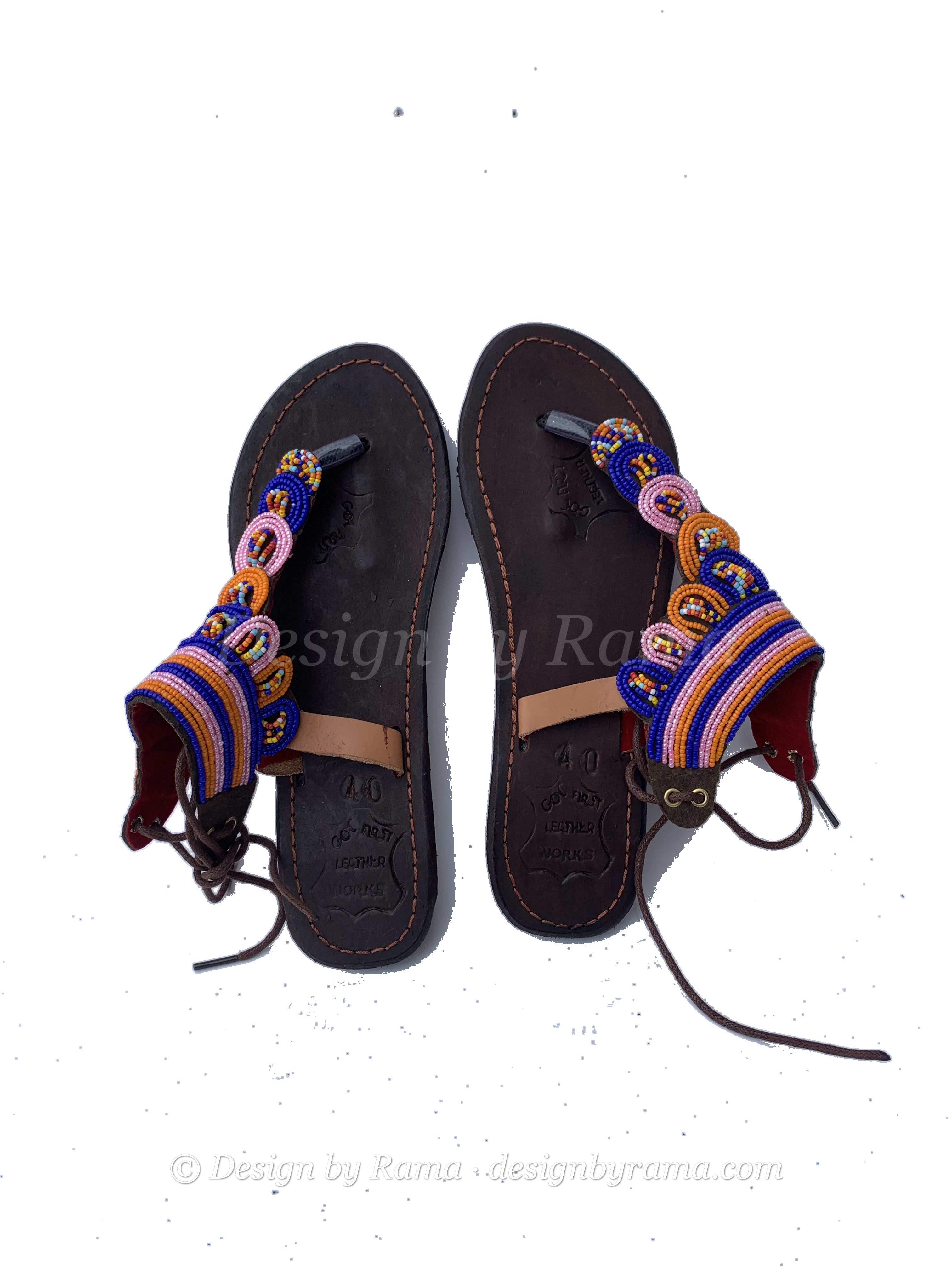 Nkawkaw Carnival Sandals — handmade multicolor, leather beaded leather sandals by Rama, Ghana, Duncan BC