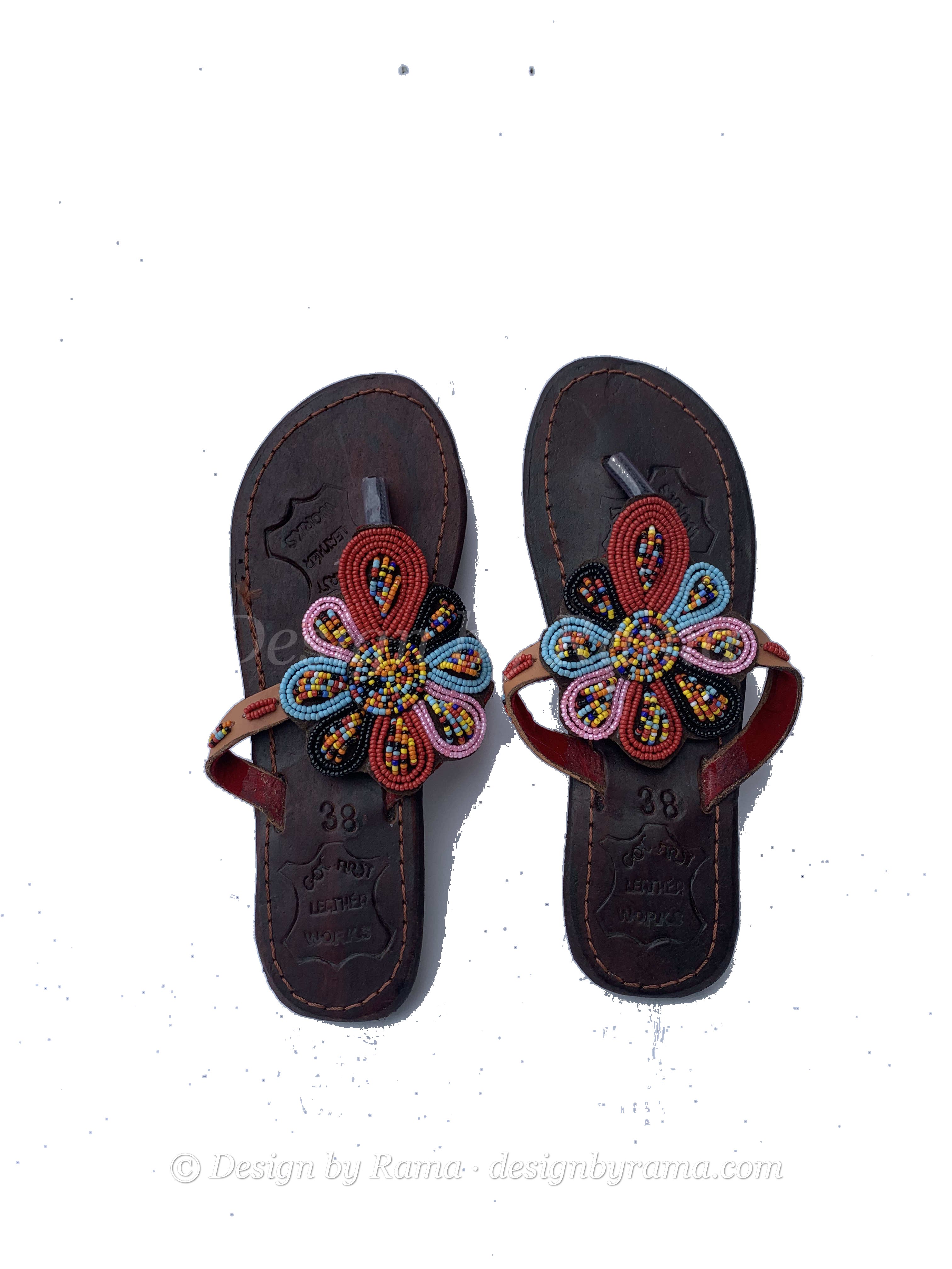 Kintampo Poppy Sandals — handmade red, floral, leather beaded leather sandals by Rama, Ghana, Duncan BC