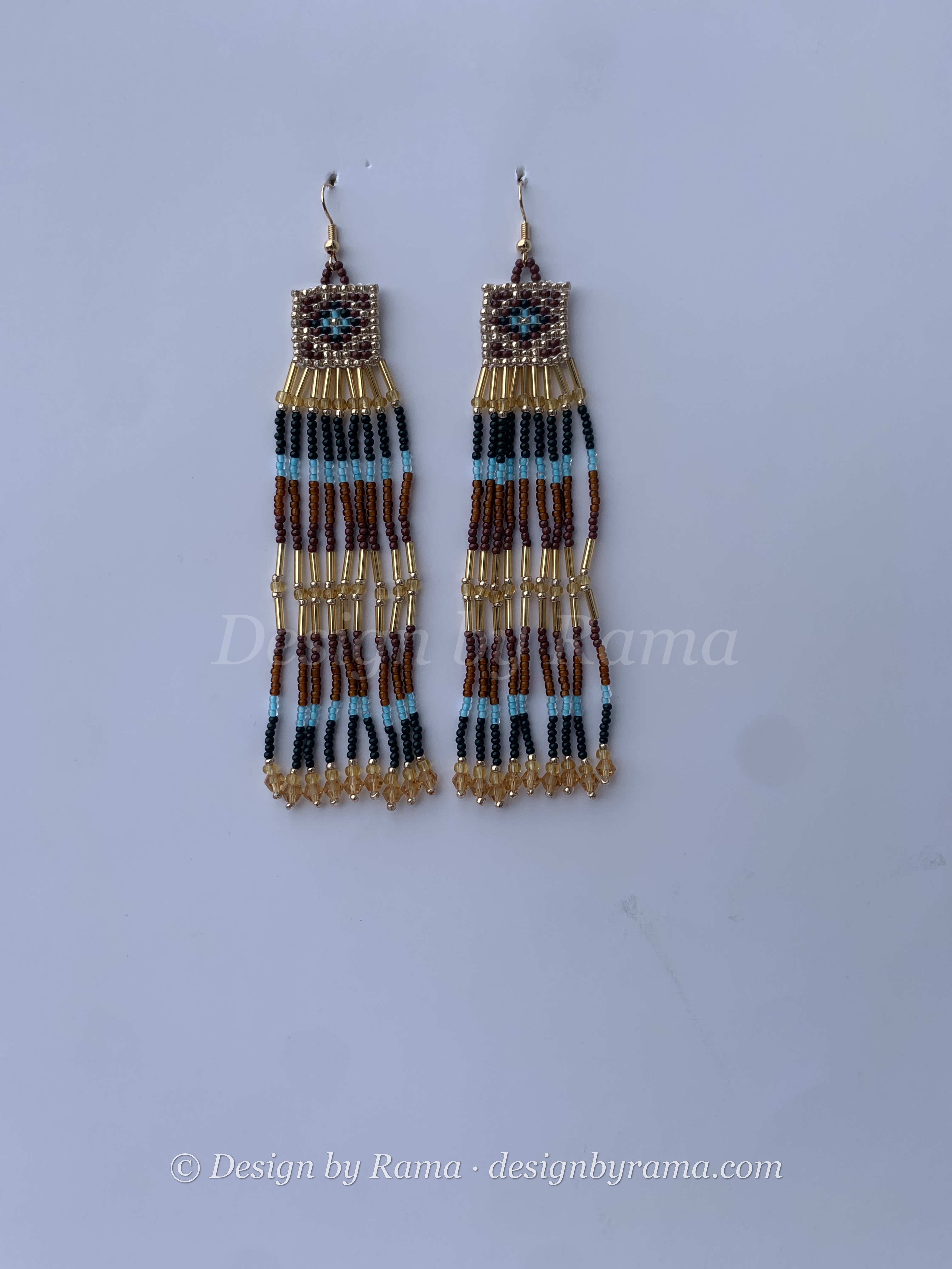Fomena Earth Cascade — handmade brown, tan, blue beaded fringe earrings by Rama, Ghana, Duncan BC
