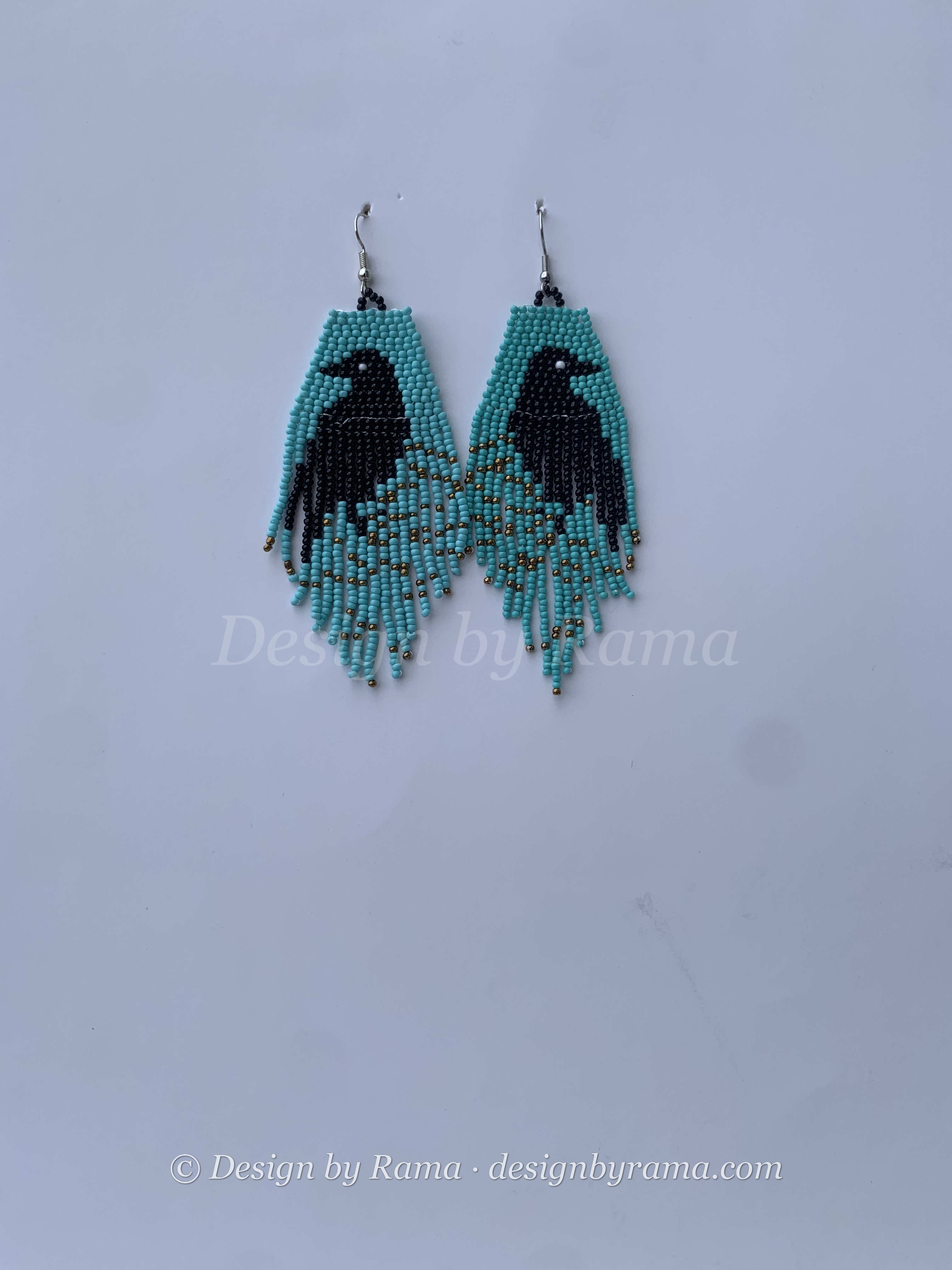 Apam Kingfisher Fringe — handmade teal, black, white beaded fringe earrings by Rama, Ghana, Duncan BC