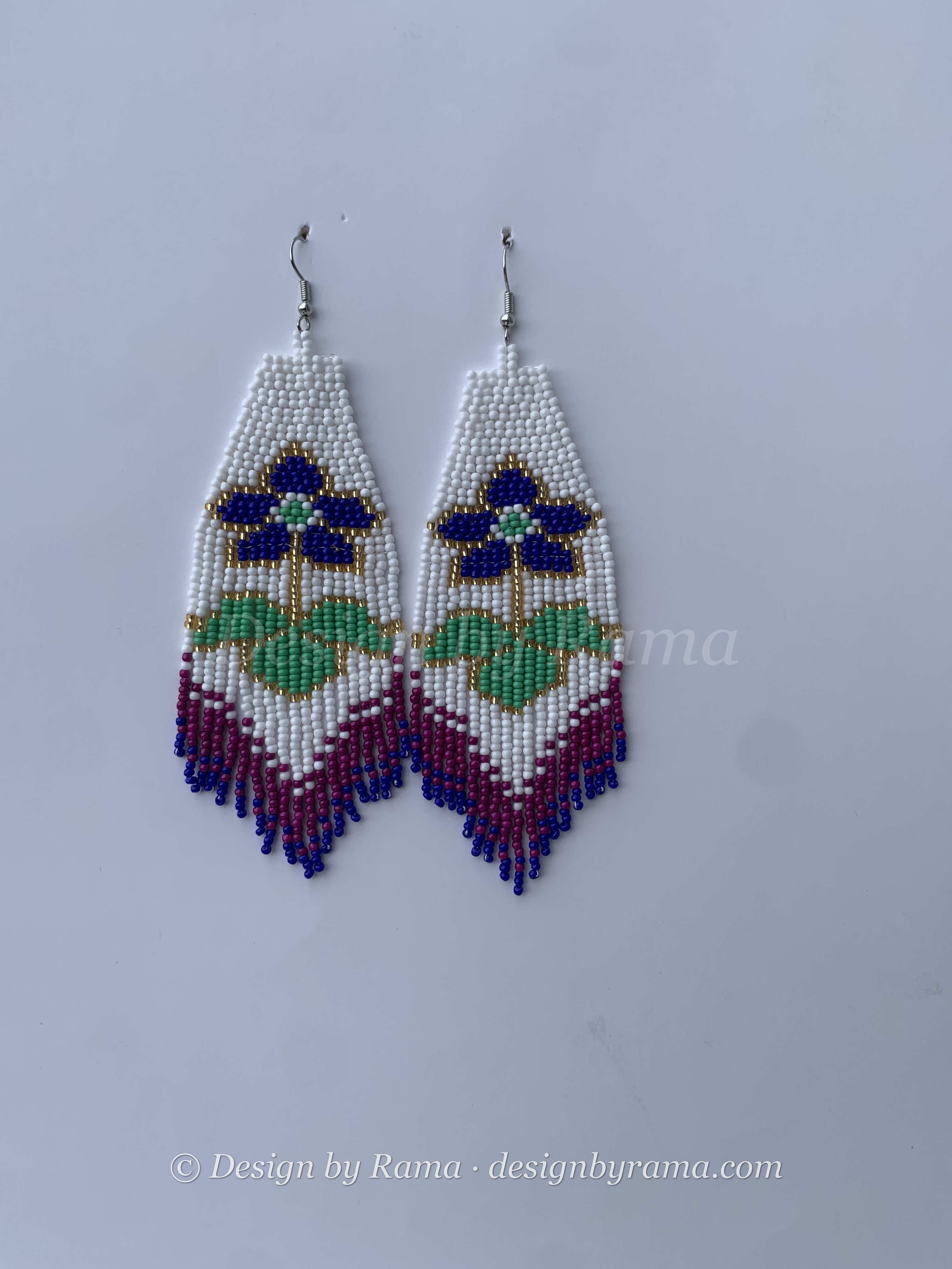 Dormaa Meadow Fringe — handmade white, blue, green beaded fringe earrings by Rama, Ghana, Duncan BC