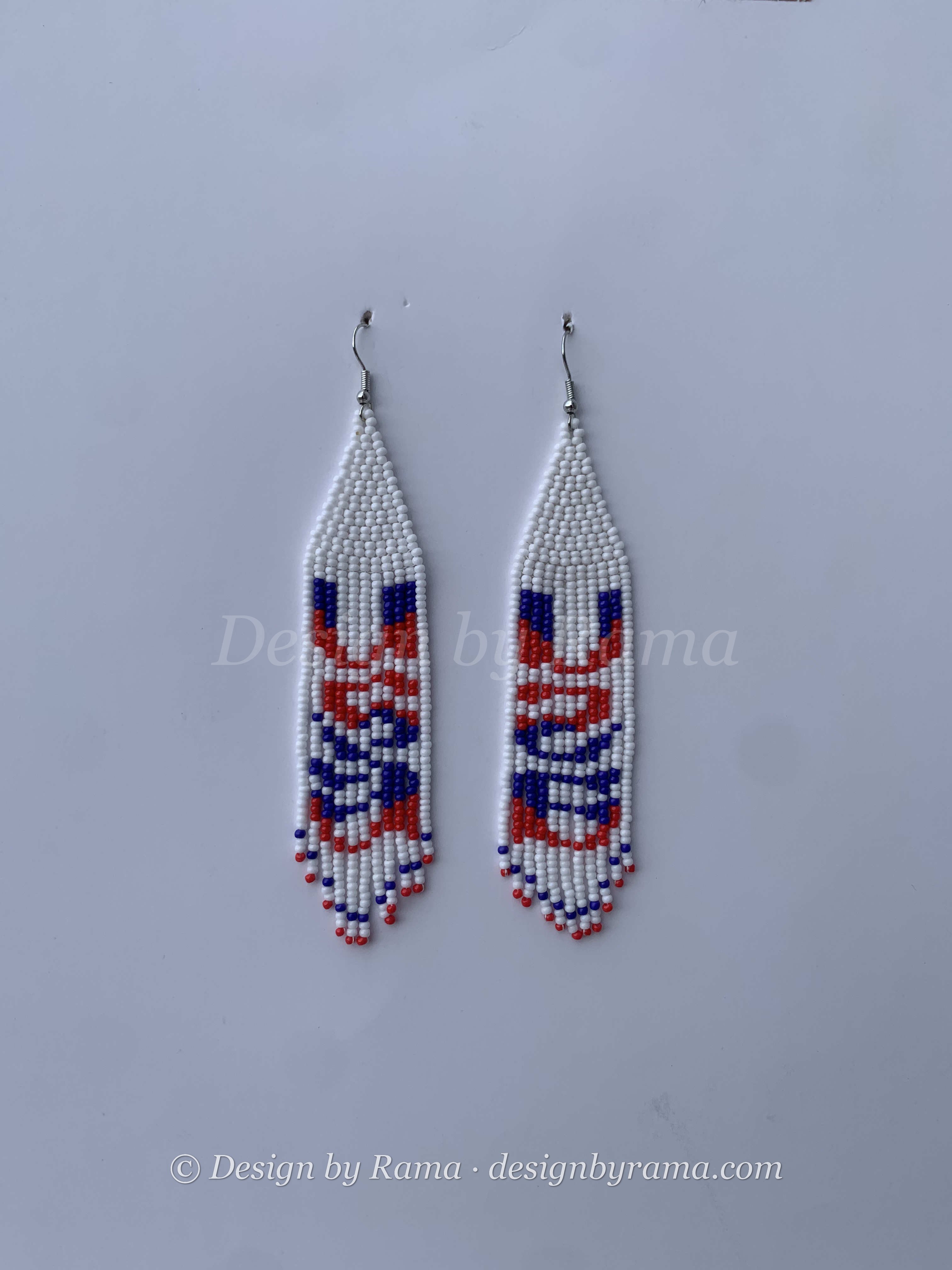 Nkoranza Petite Fringe — handmade white, red, blue beaded fringe earrings by Rama, Ghana, Duncan BC