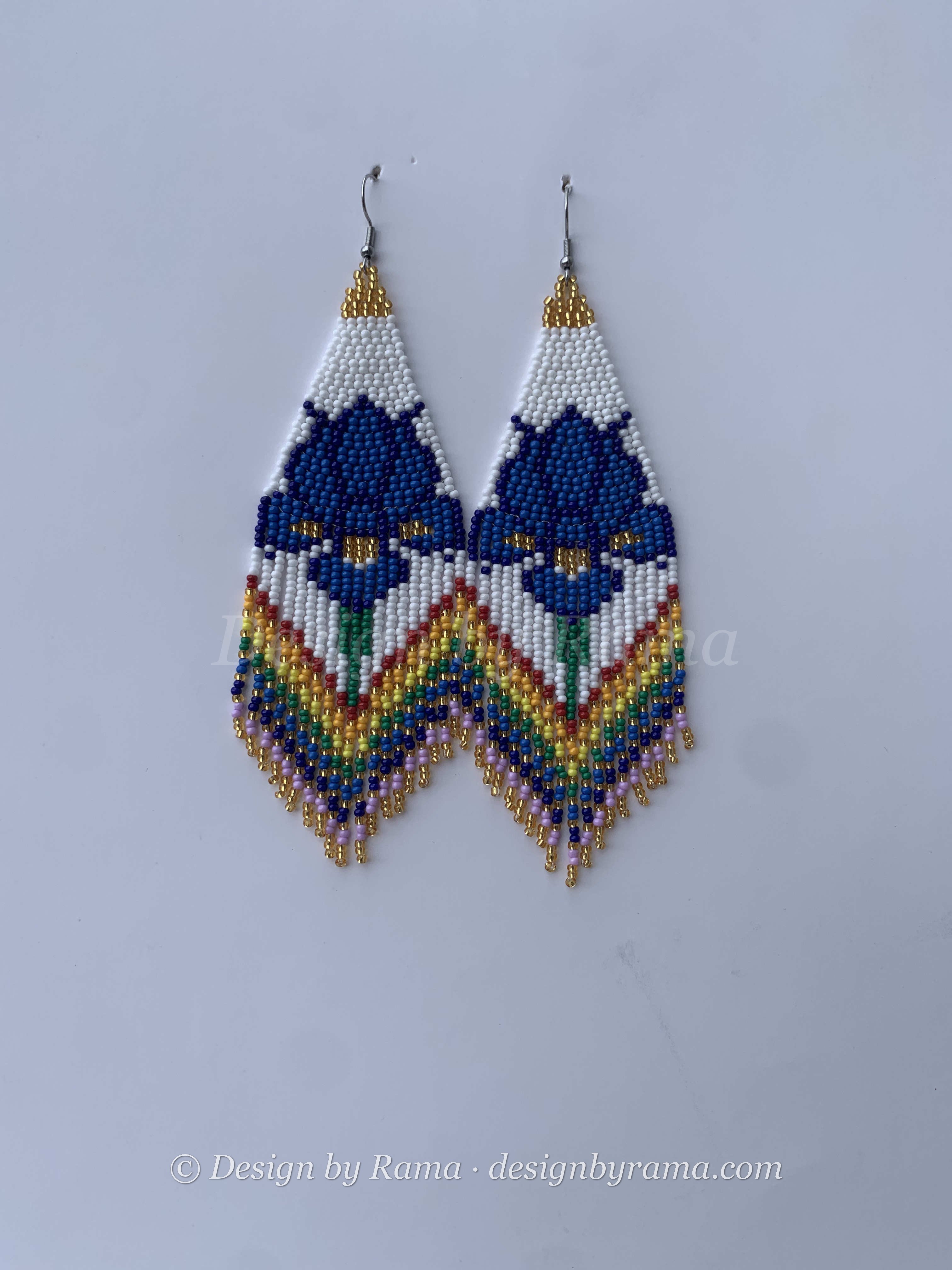 Atebubu Bloom Fringe — handmade blue, multicolor beaded fringe earrings by Rama, Ghana, Duncan BC