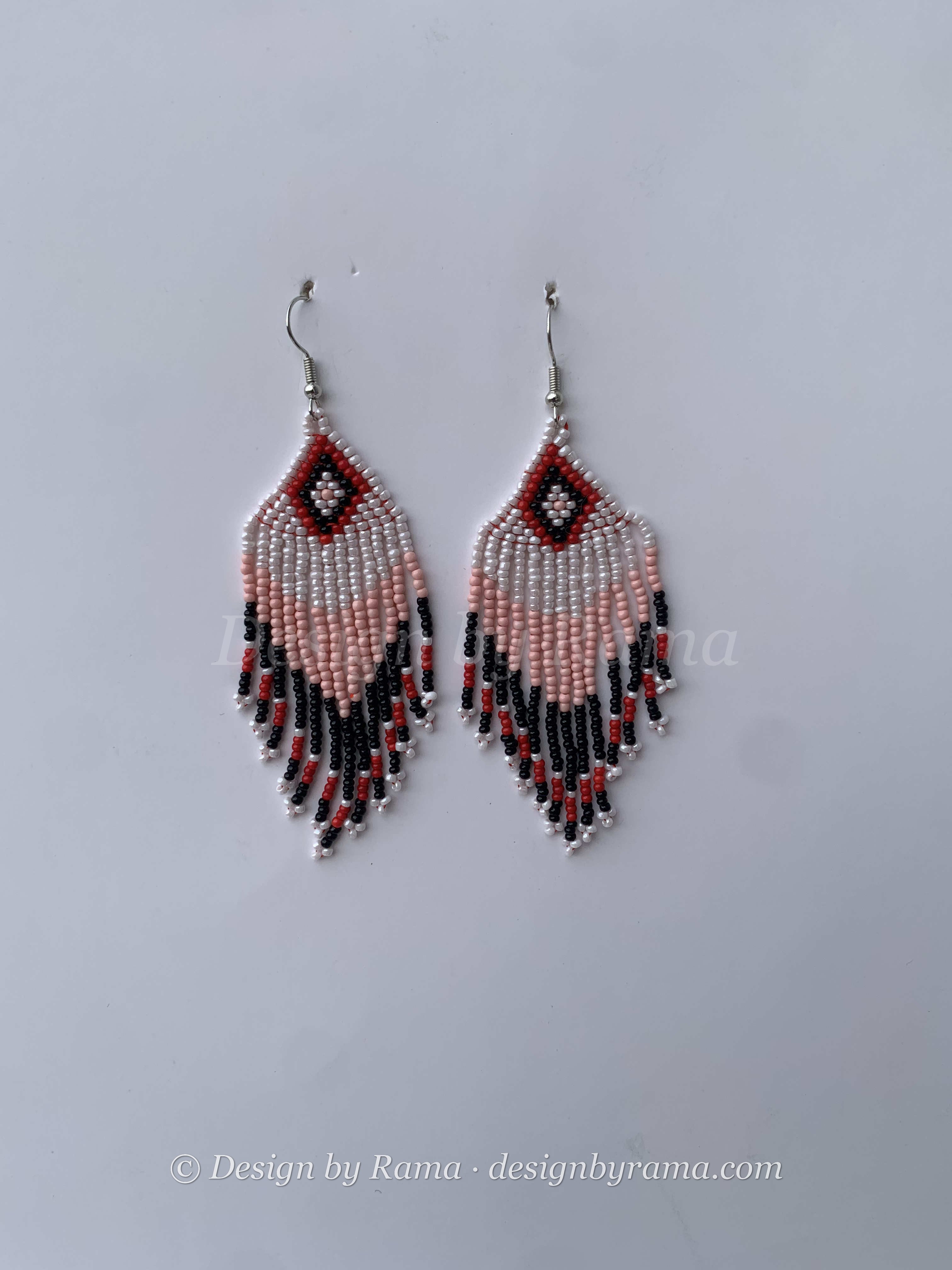 Juaso Blush Feather — handmade pink, blush, black beaded fringe earrings by Rama, Ghana, Duncan BC