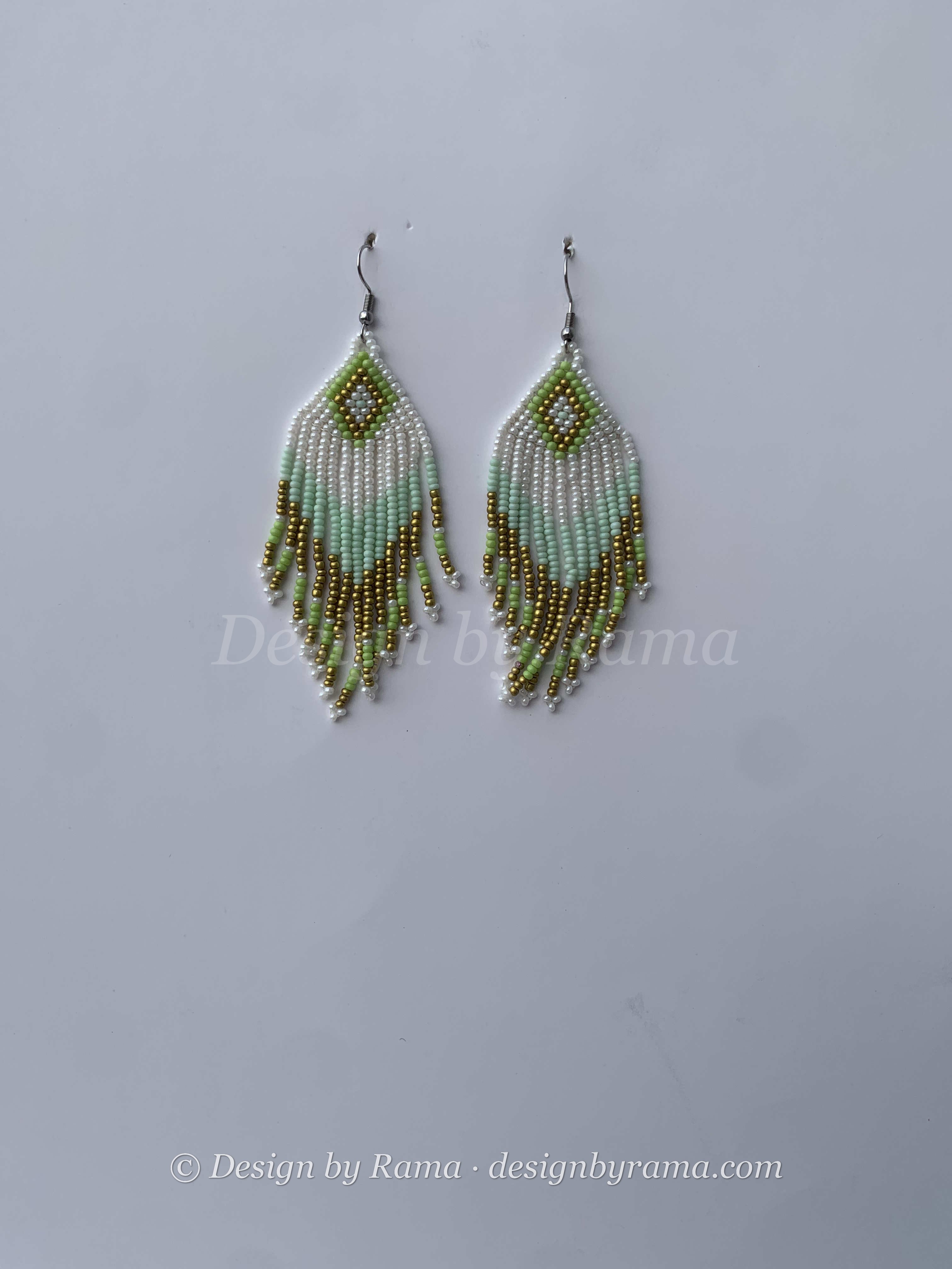 Kenyasi Fern Feather — handmade green, olive beaded fringe earrings by Rama, Ghana, Duncan BC