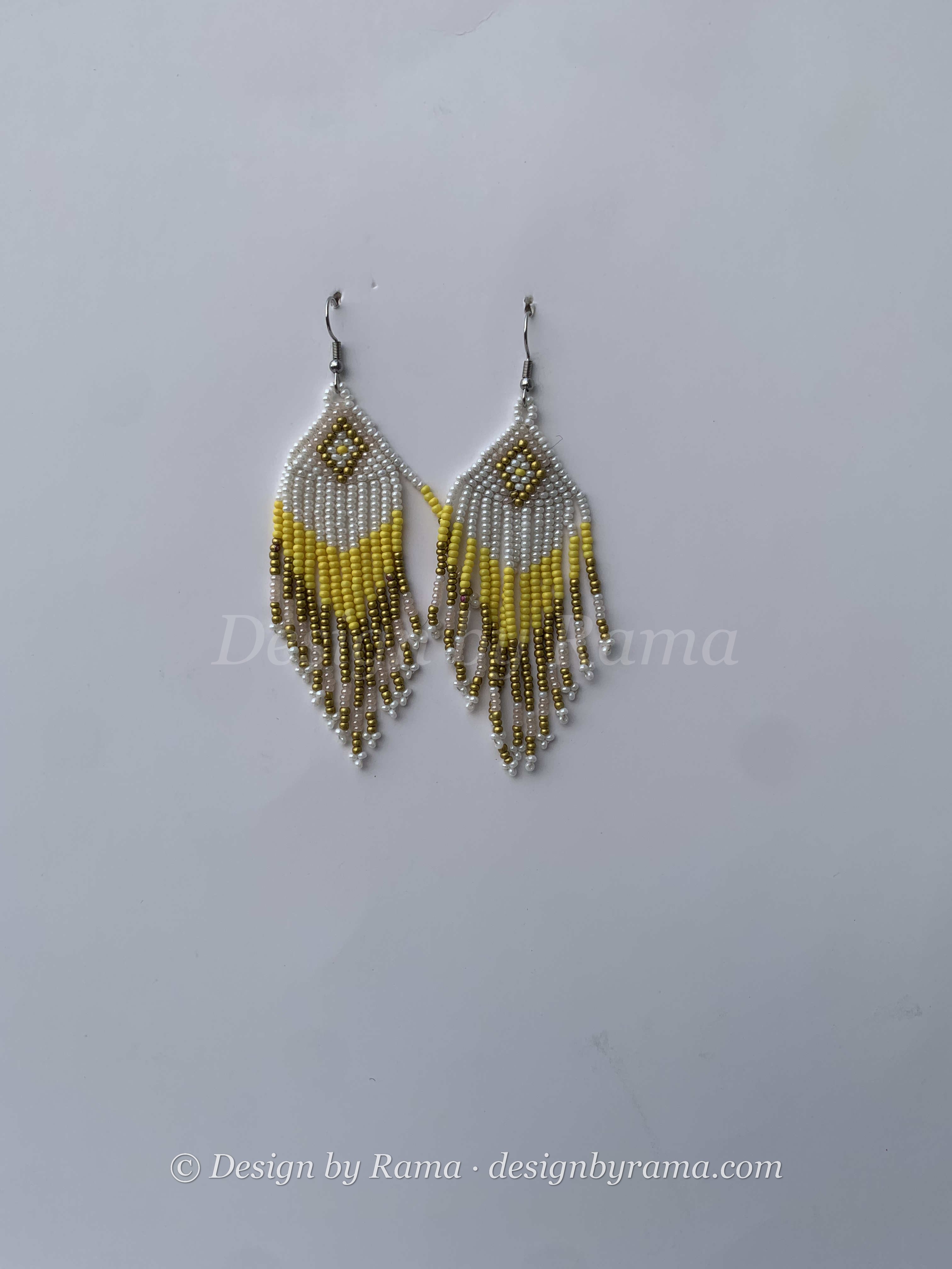 Duayaw Meadow Feather — handmade yellow, olive, white beaded fringe earrings by Rama, Ghana, Duncan BC