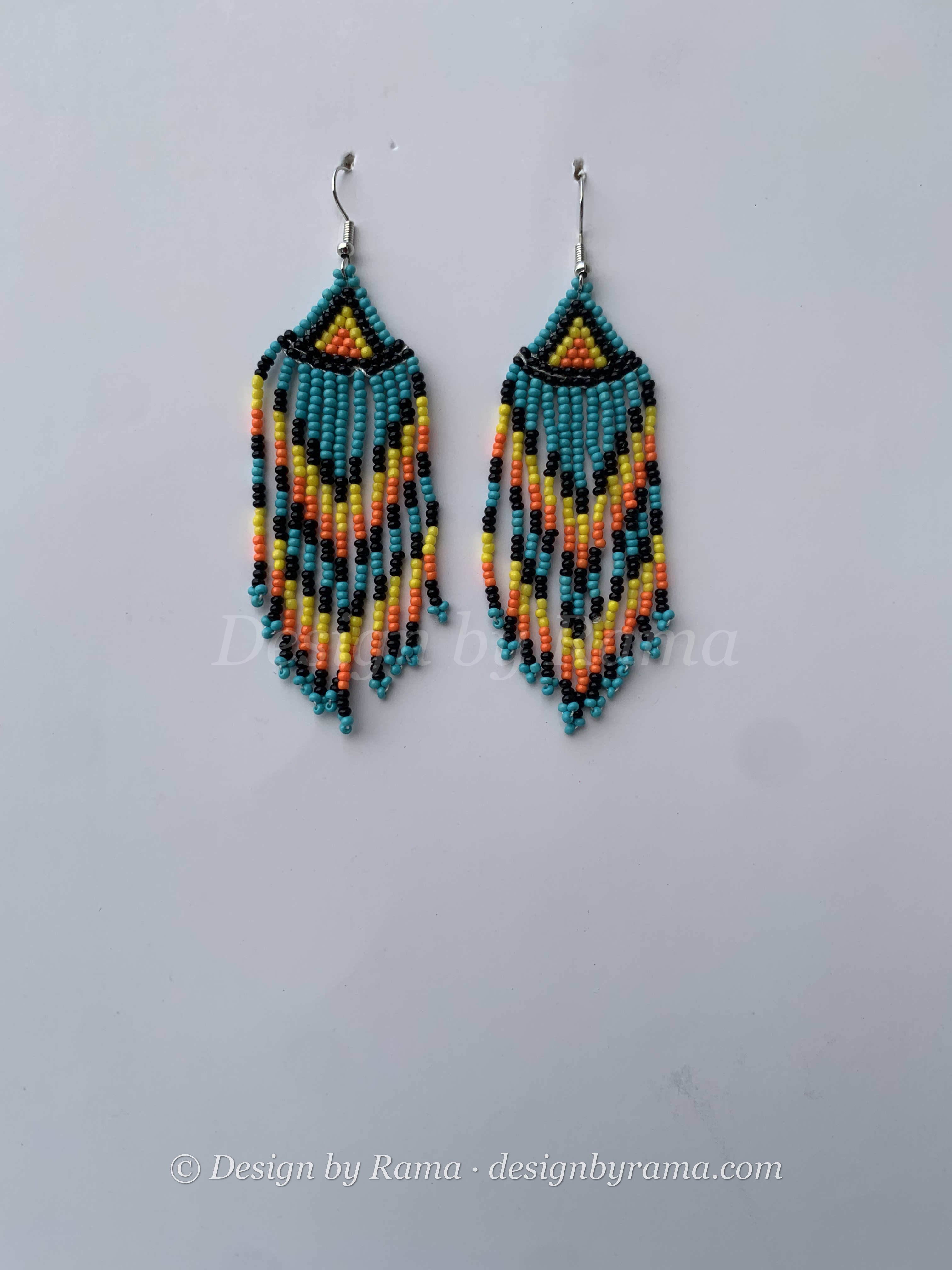 Eikwe Sunrise Fringe — handmade teal, orange, yellow beaded fringe earrings by Rama, Ghana, Duncan BC