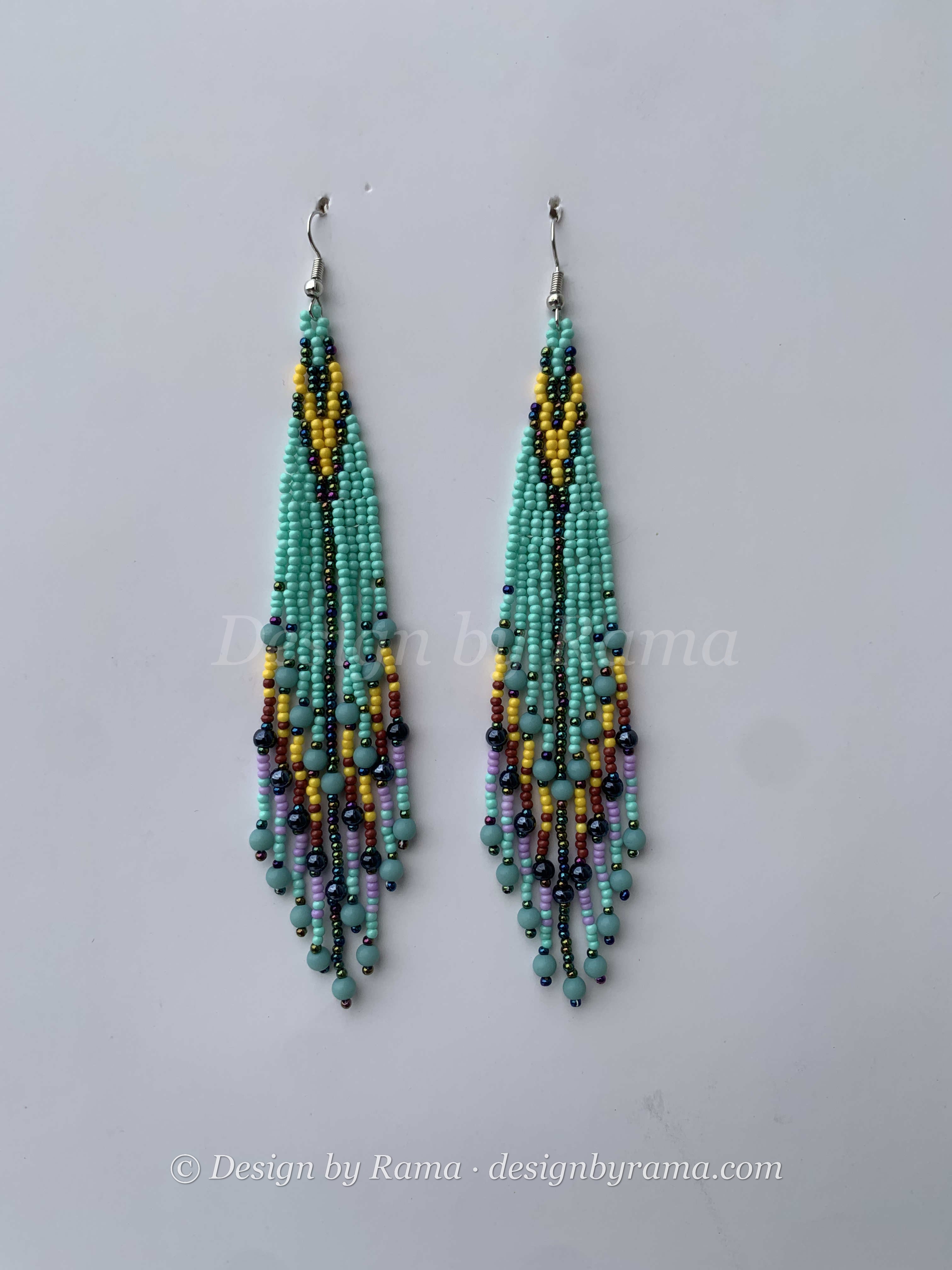 Aboso Rainforest Cascade — handmade teal, green, yellow beaded fringe earrings by Rama, Ghana, Duncan BC