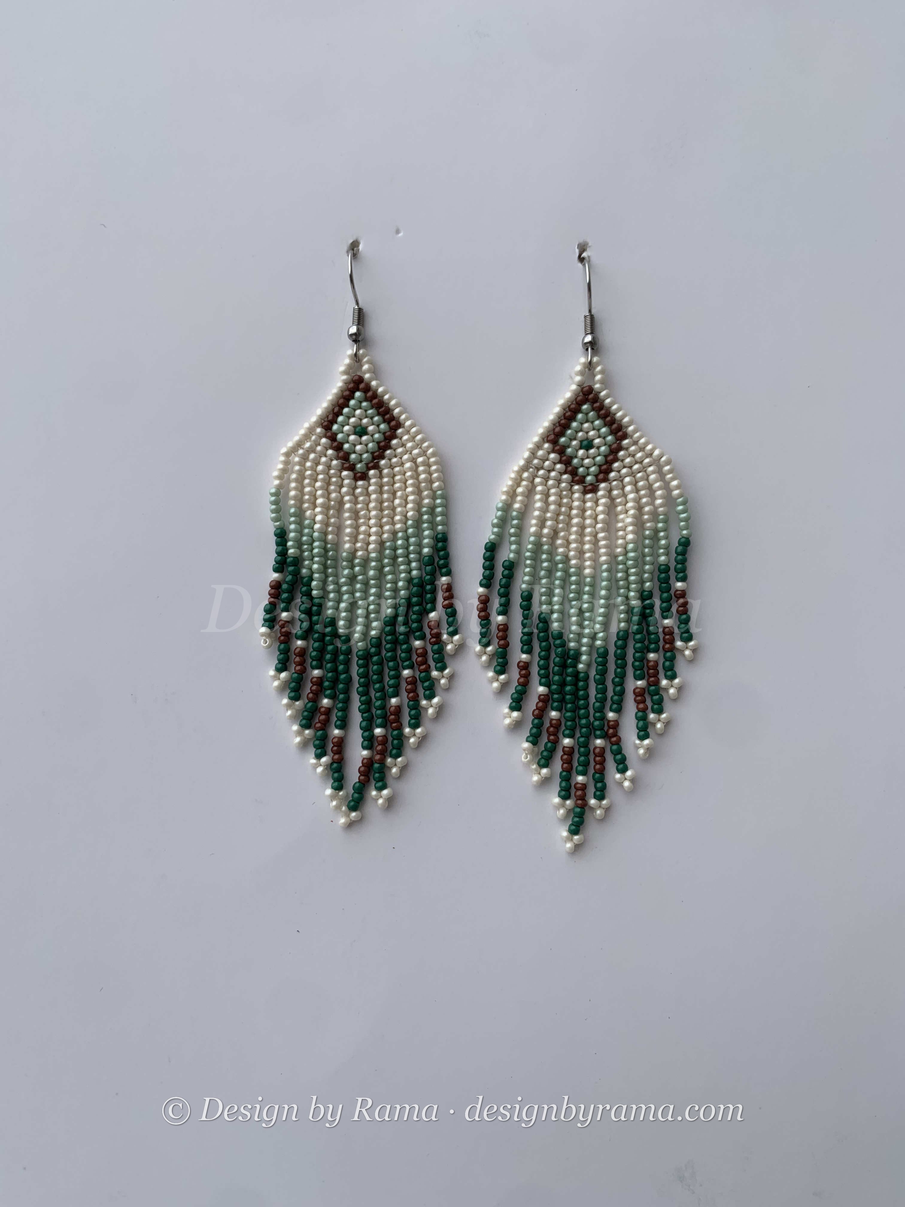 Tepa Willow Feather — handmade white, green, black beaded fringe earrings by Rama, Ghana, Duncan BC