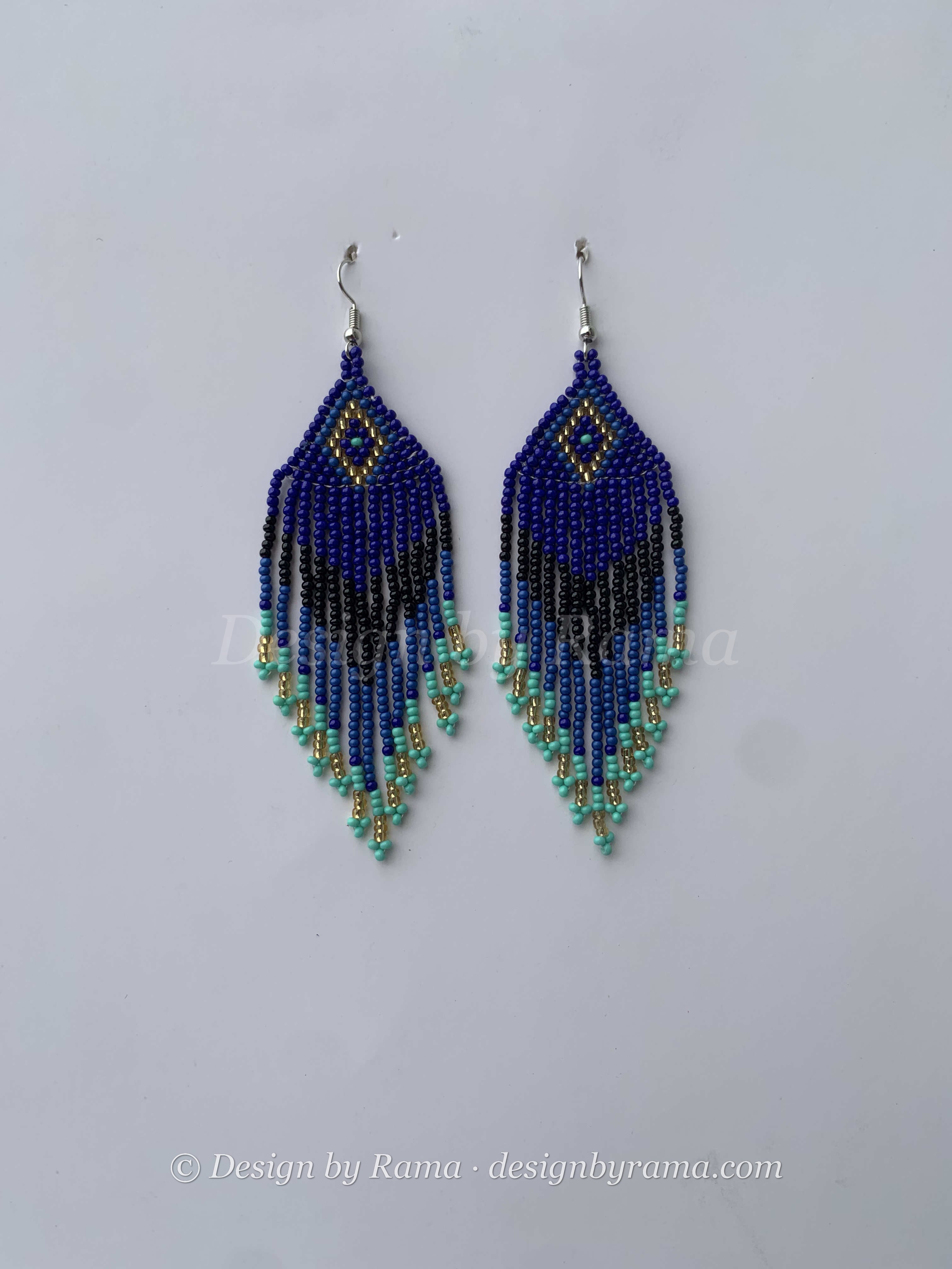 Bechem Peacock Feather — handmade blue, navy, green beaded fringe earrings by Rama, Ghana, Duncan BC