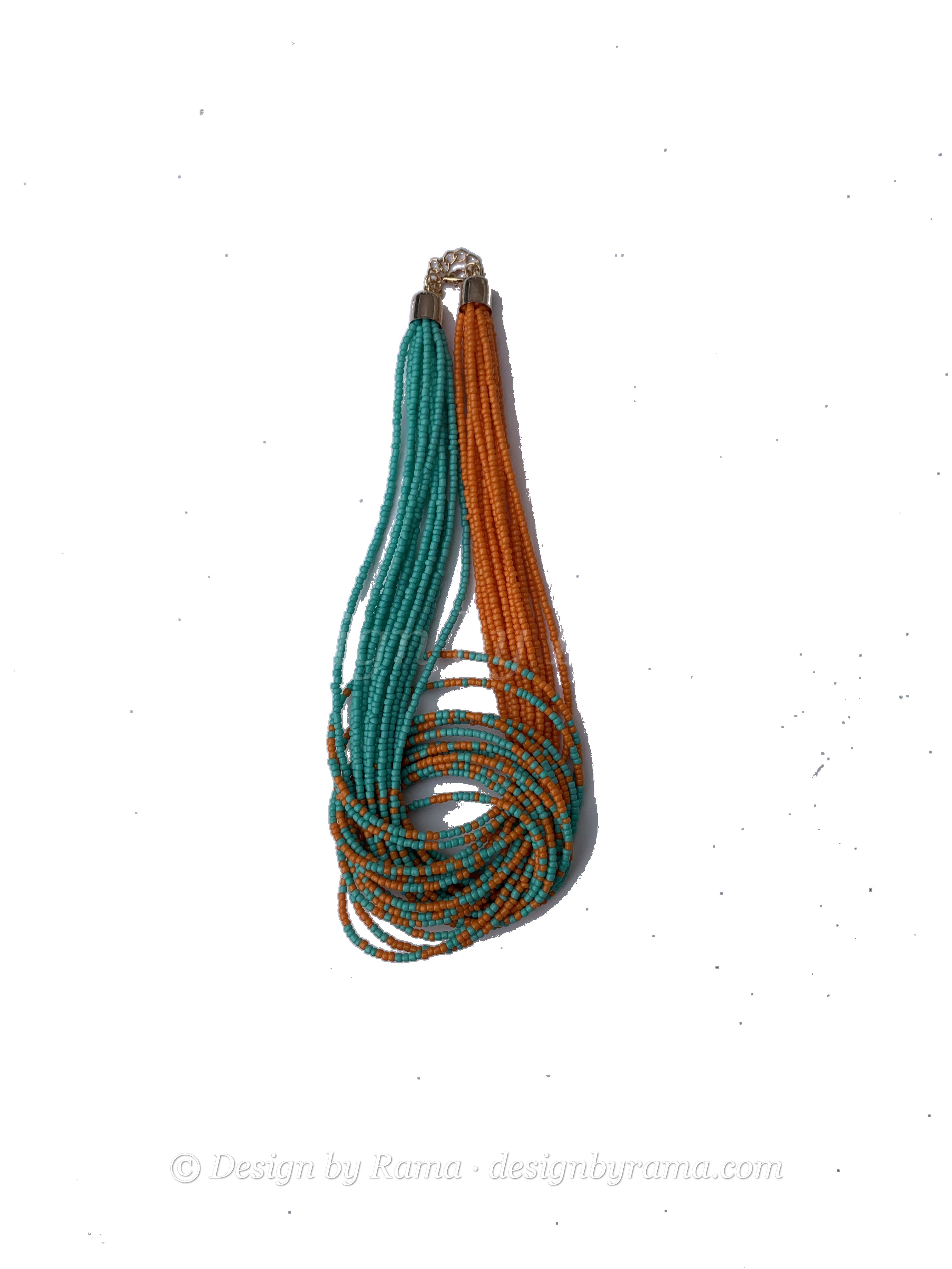 Nsawam Twist Necklace — handmade orange, teal, multicolor beaded multi-strand necklace by Rama, Ghana, Duncan BC