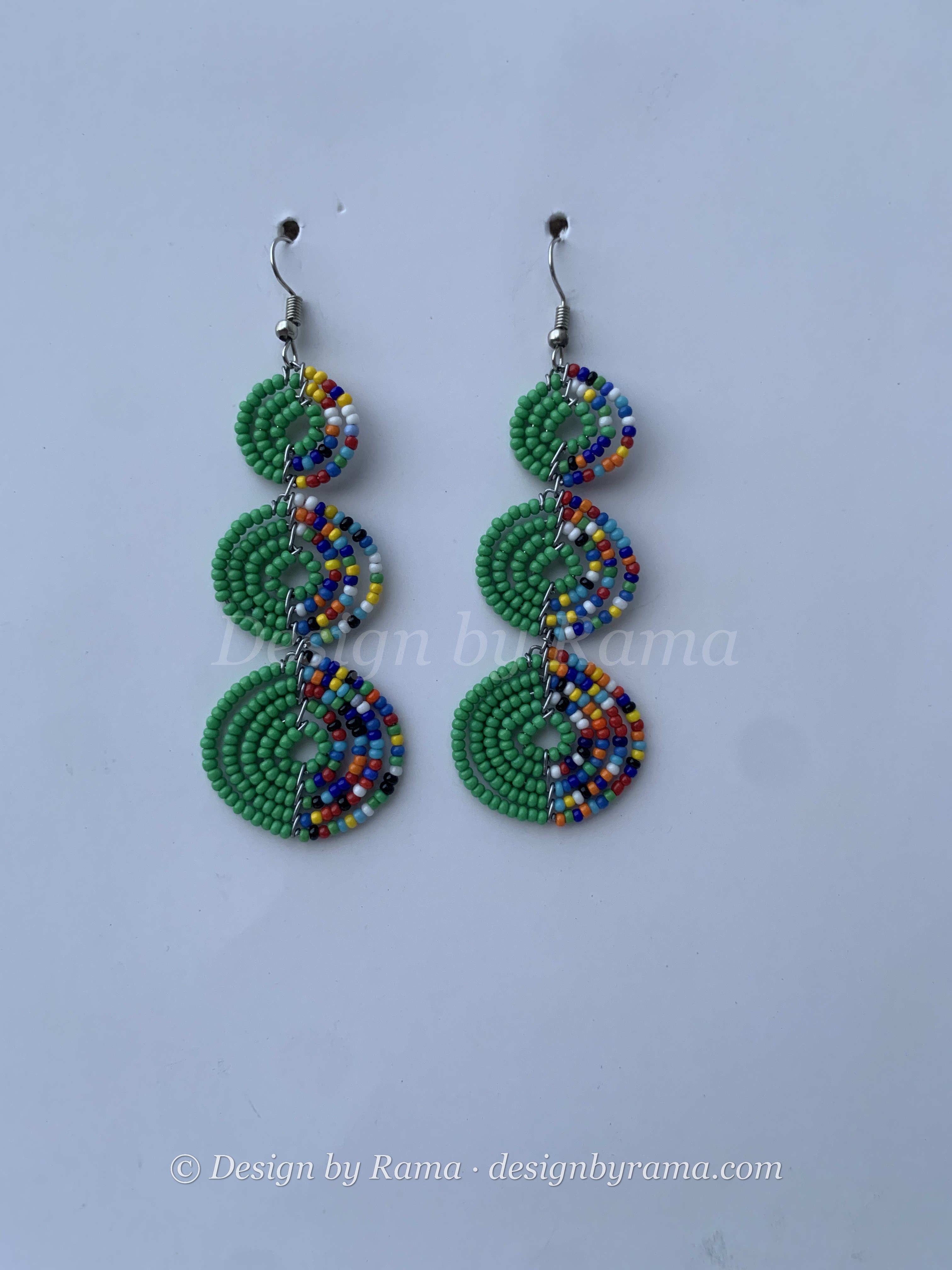 Kade Meadow Discs — handmade green, blue, multicolor beaded maasai earrings by Rama, Ghana, Duncan BC