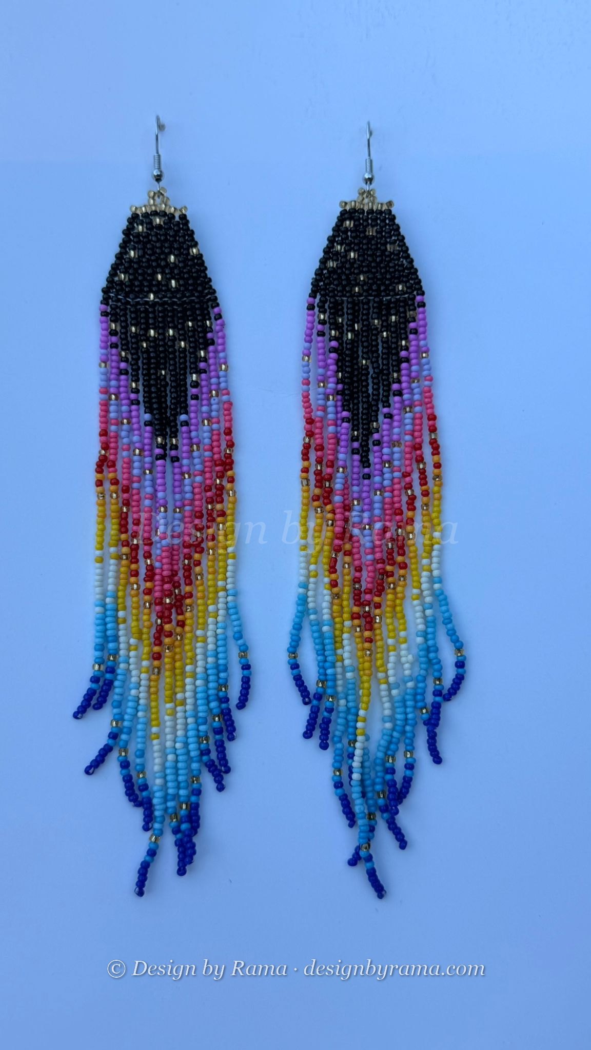 Pair of long beaded earrings with black triangular tops and multicolored fringe drops.