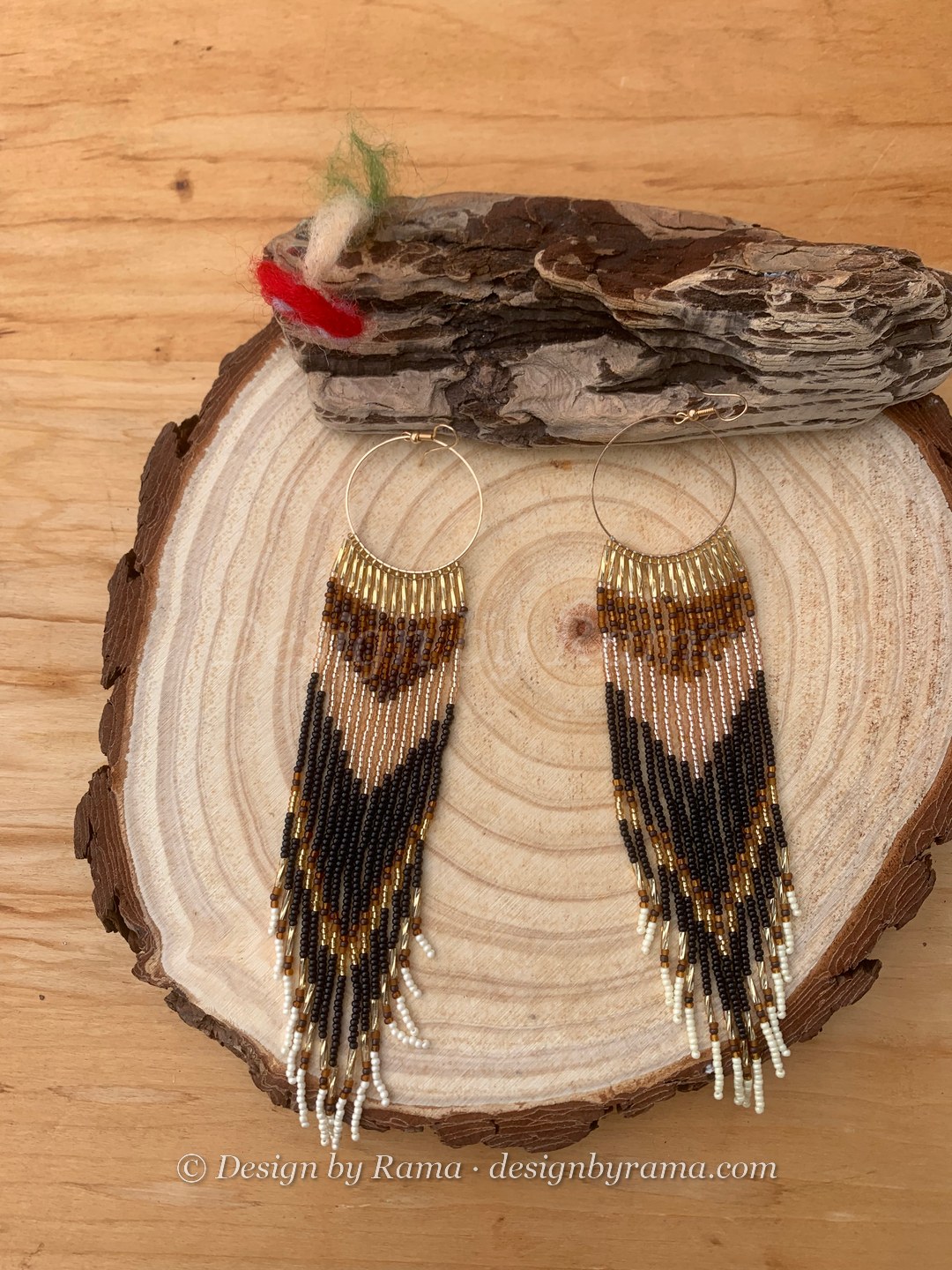 Abetifi Halo Fringe — handmade gold, black, cream beaded fringe earrings by Rama, Ghana, Duncan BC