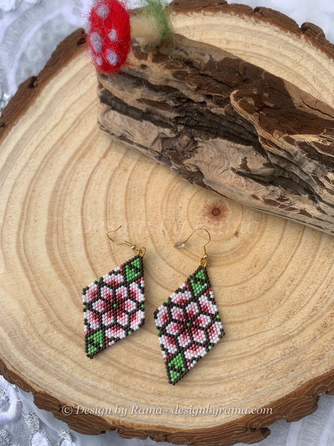 Abor Blossom Diamonds — handmade pink, white, green, black beaded earrings by Rama, Ghana beads, Duncan BC