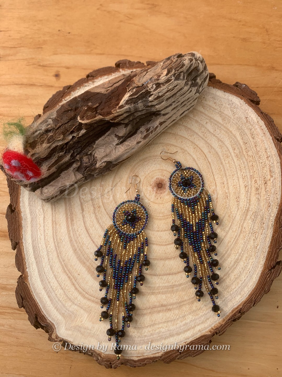 Adidome Star Dreamcatcher — handmade navy blue, gold, black beaded fringe earrings by Rama, Ghana beads, Duncan BC