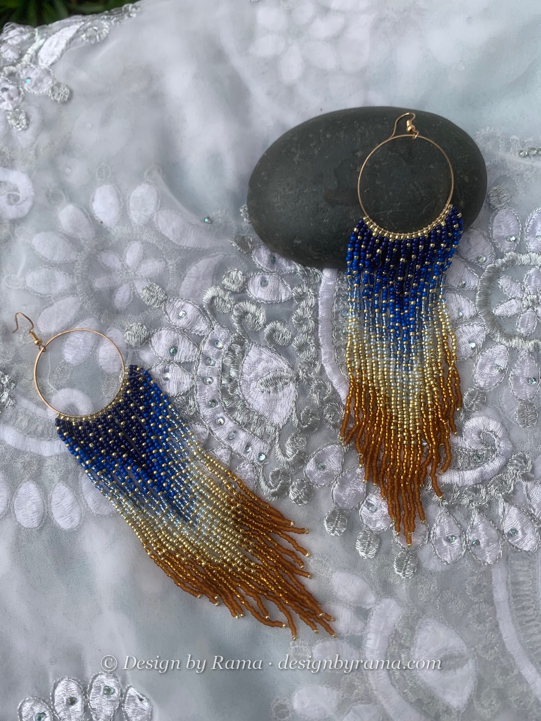 Akatsi Midnight Gold Hoops — handmade navy blue, gold, bronze beaded hoop earrings by Rama, Ghana beads, Duncan BC