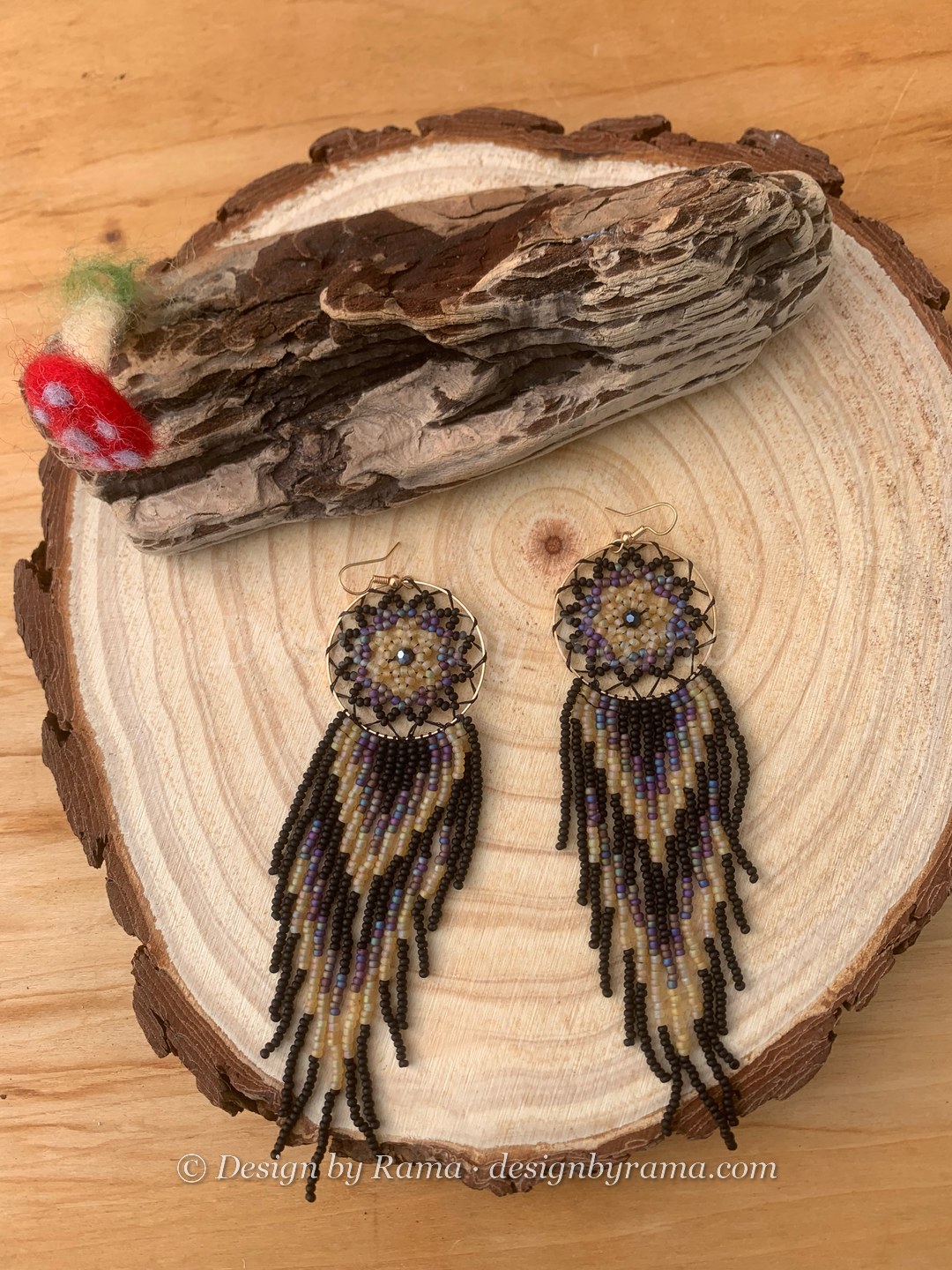 Battor Dusk Dreamcatcher — handmade black, gold, lilac beaded fringe earrings by Rama, Ghana beads, Duncan BC