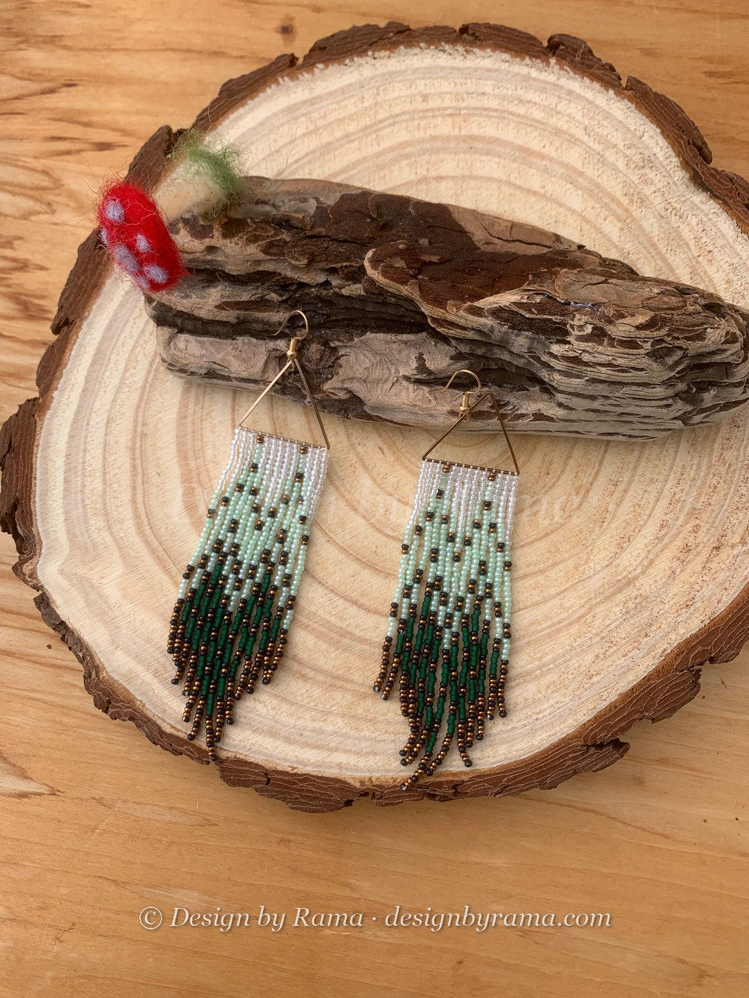 Bunso Pine Fringe — handmade mint, white, forest green beaded fringe earrings by Rama, Ghana beads, Duncan BC