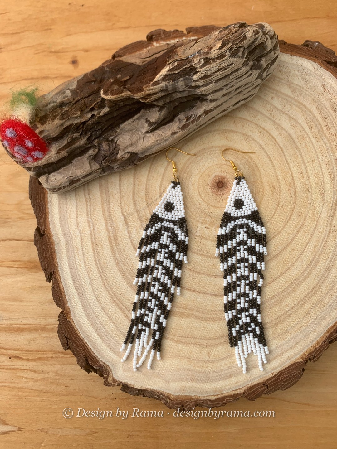 Dzodze Fishbone Fringe — handmade black, white beaded novelty earrings by Rama, Ghana beads, Duncan BC