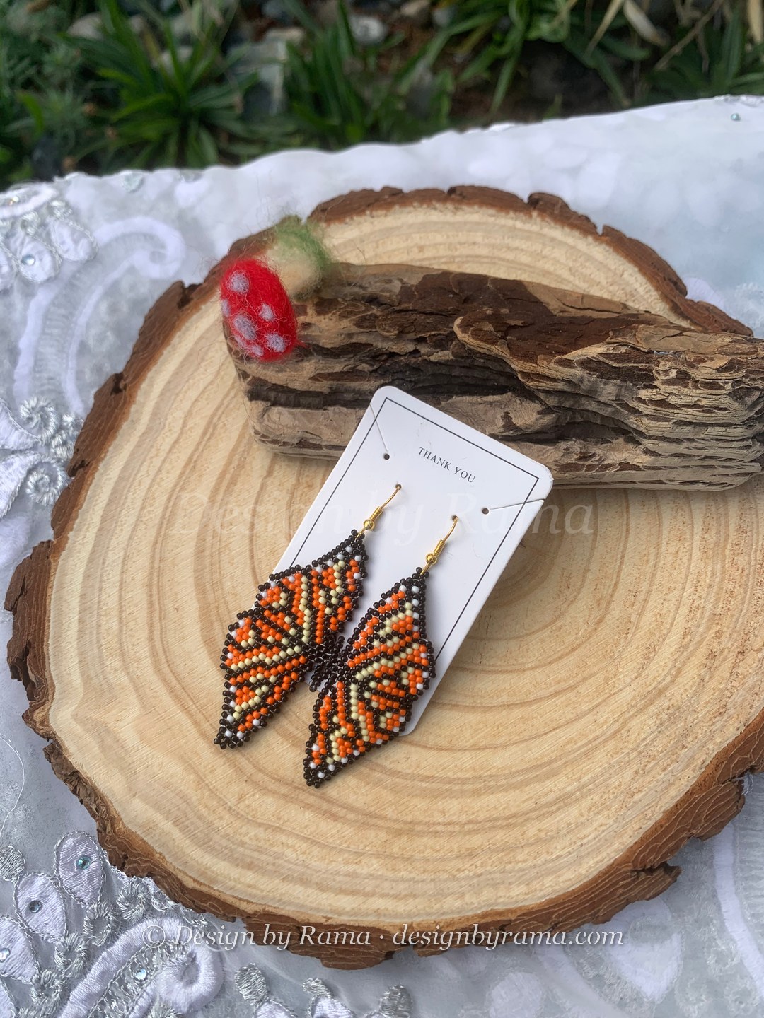 Gambaga Monarch Wings — handmade orange, black, white beaded novelty earrings by Rama, Ghana beads, Duncan BC