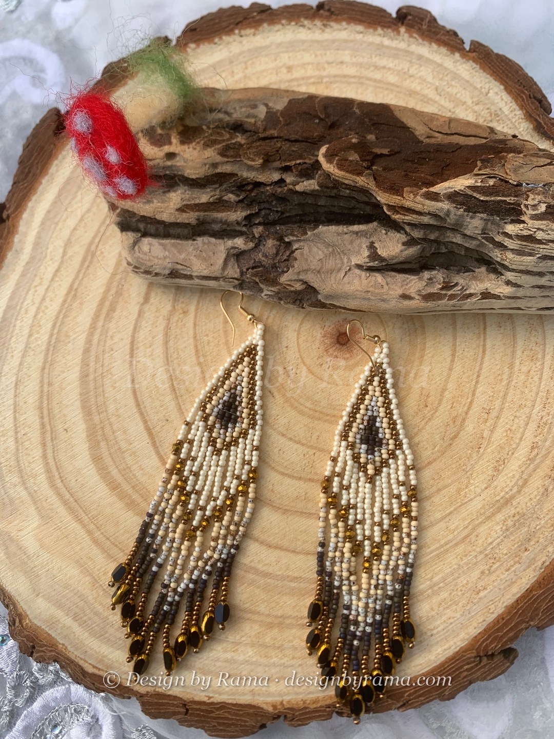 Garu Sand Dune Fringe — handmade cream, brown, gold beaded long earrings by Rama, Ghana beads, Duncan BC
