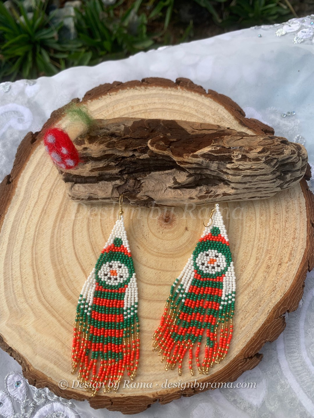 Karaga Snowman Stripe — handmade red, green, white beaded novelty earrings by Rama, Ghana beads, Duncan BC