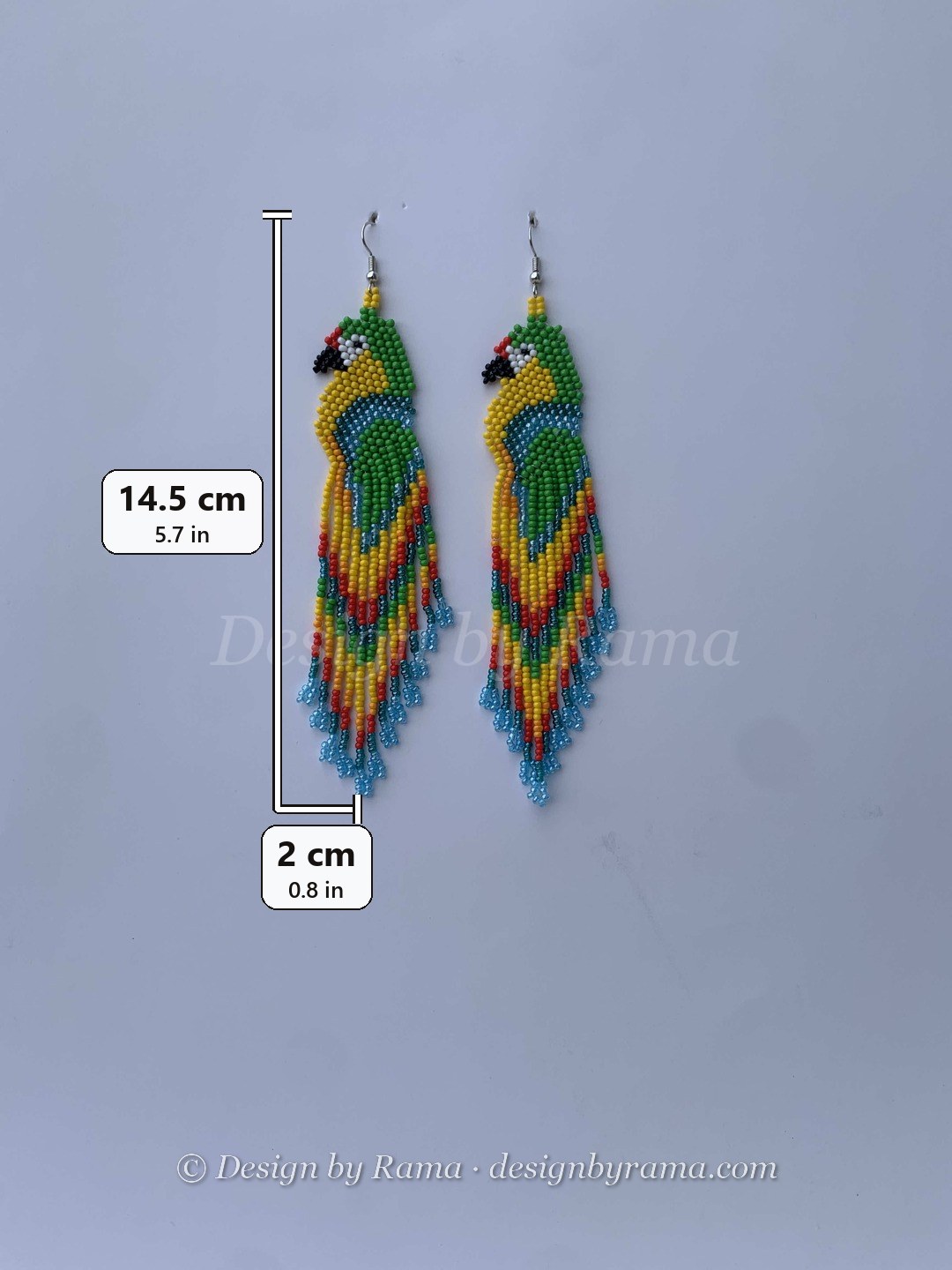 Kasoa Parrot Fringe — handmade green, yellow, blue beaded fringe earrings by Rama, Ghana, Duncan BC