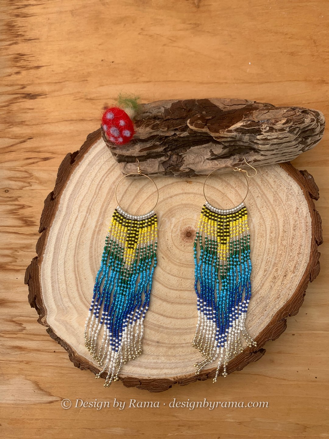 Kpeve Lagoon Chevron — handmade yellow, blue, teal, white beaded hoop earrings by Rama, Ghana beads, Duncan BC