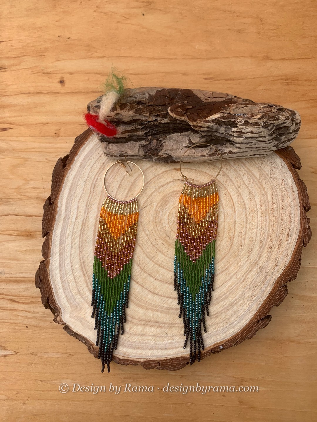 Mamfe Sunrise Hoops — handmade orange, green, teal, black beaded hoop earrings by Rama, Ghana beads, Duncan BC