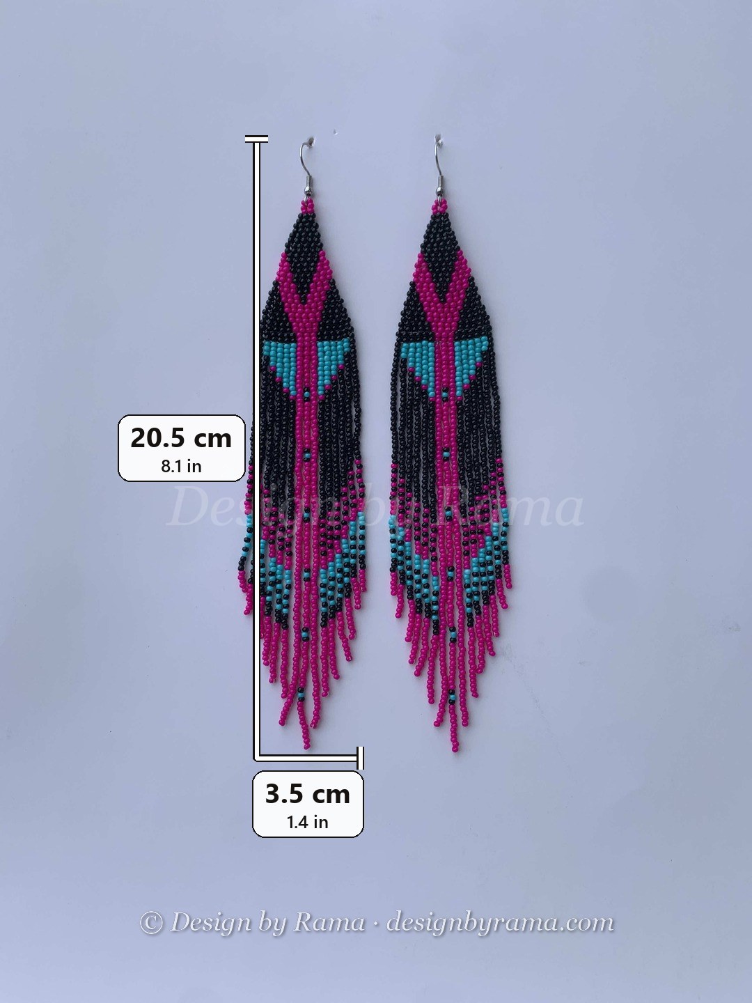 Mankessim Orchid Feather — handmade black, magenta, teal beaded fringe earrings by Rama, Ghana, Duncan BC