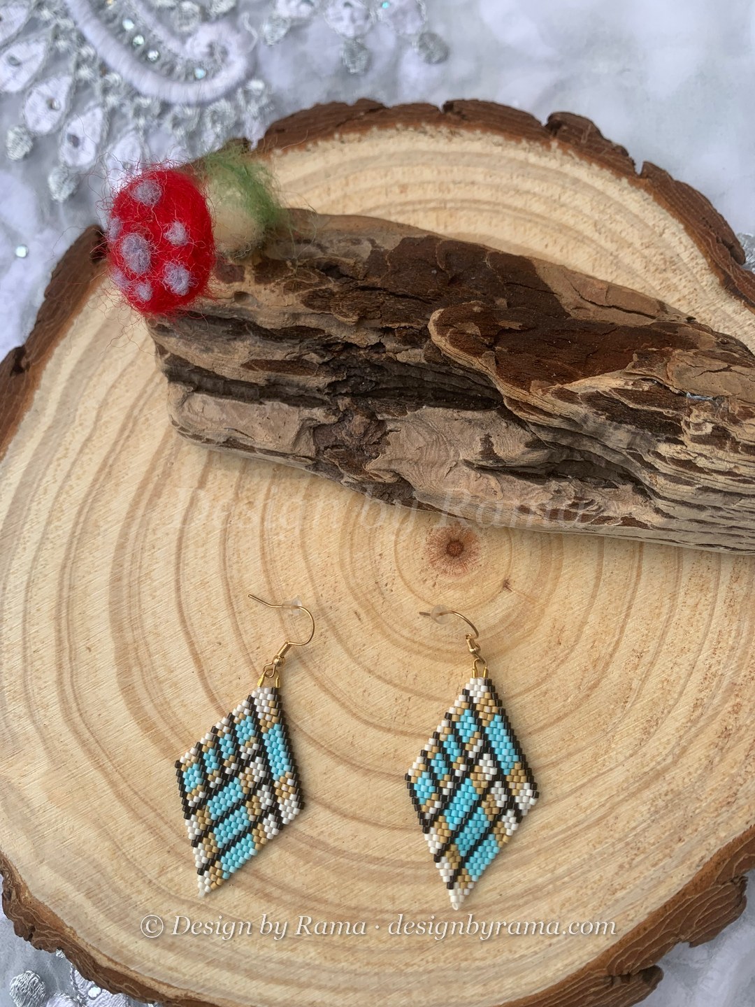 Ningo Sky Plaid Diamonds — handmade light blue, black, white beaded earrings by Rama, Ghana beads, Duncan BC