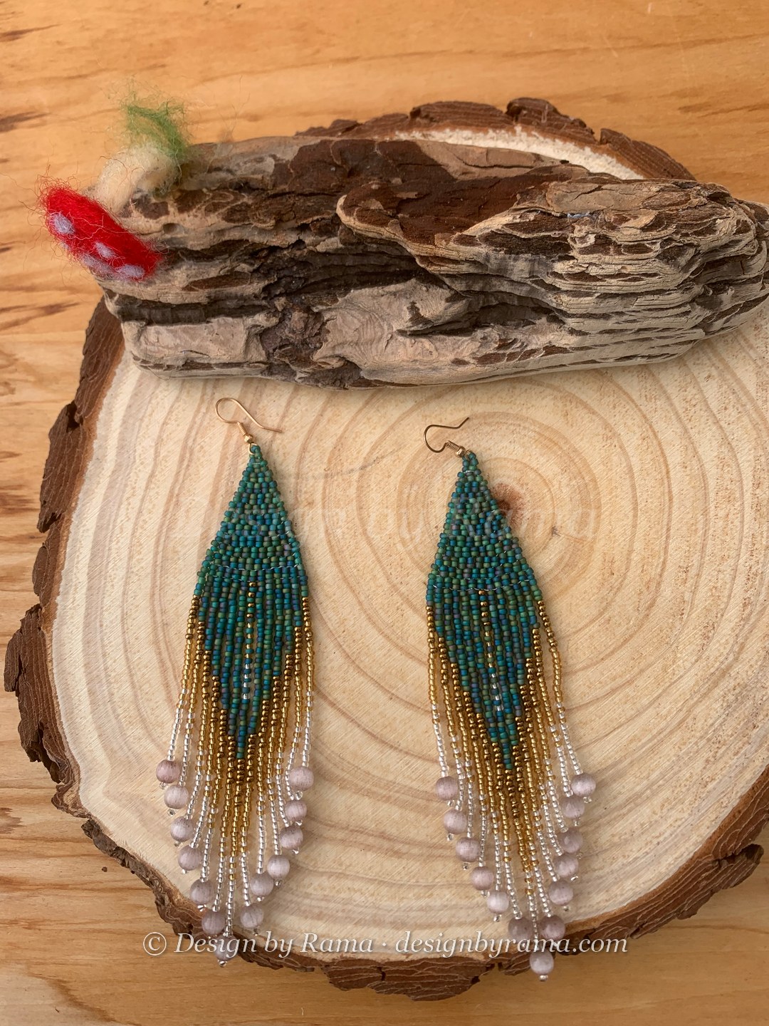 Nkurakan Teal Pearl Fringe — handmade teal, gold, pearl grey beaded fringe earrings by Rama, Ghana beads, Duncan BC