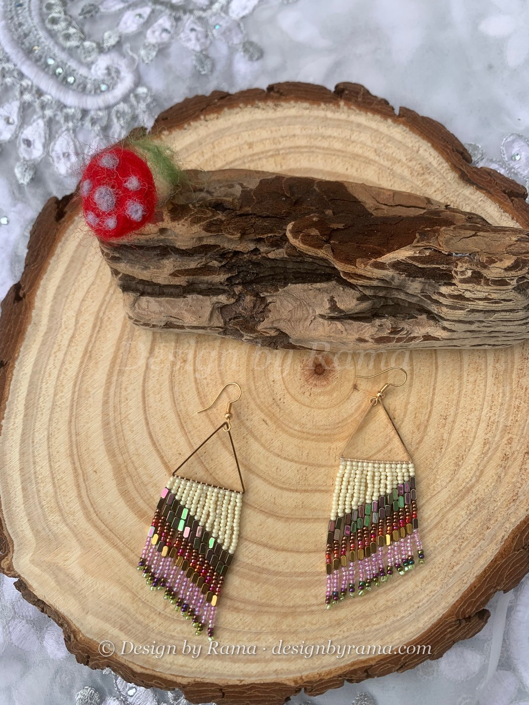 Nungua Shimmer Stripe — handmade cream, brown, pink, metallic beaded fringe earrings by Rama, Ghana beads, Duncan BC