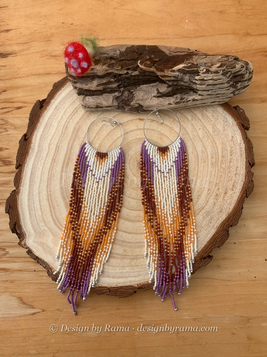 Peki Plum Arrow Fringe — handmade white, brown, plum purple beaded fringe earrings by Rama, Ghana beads, Duncan BC