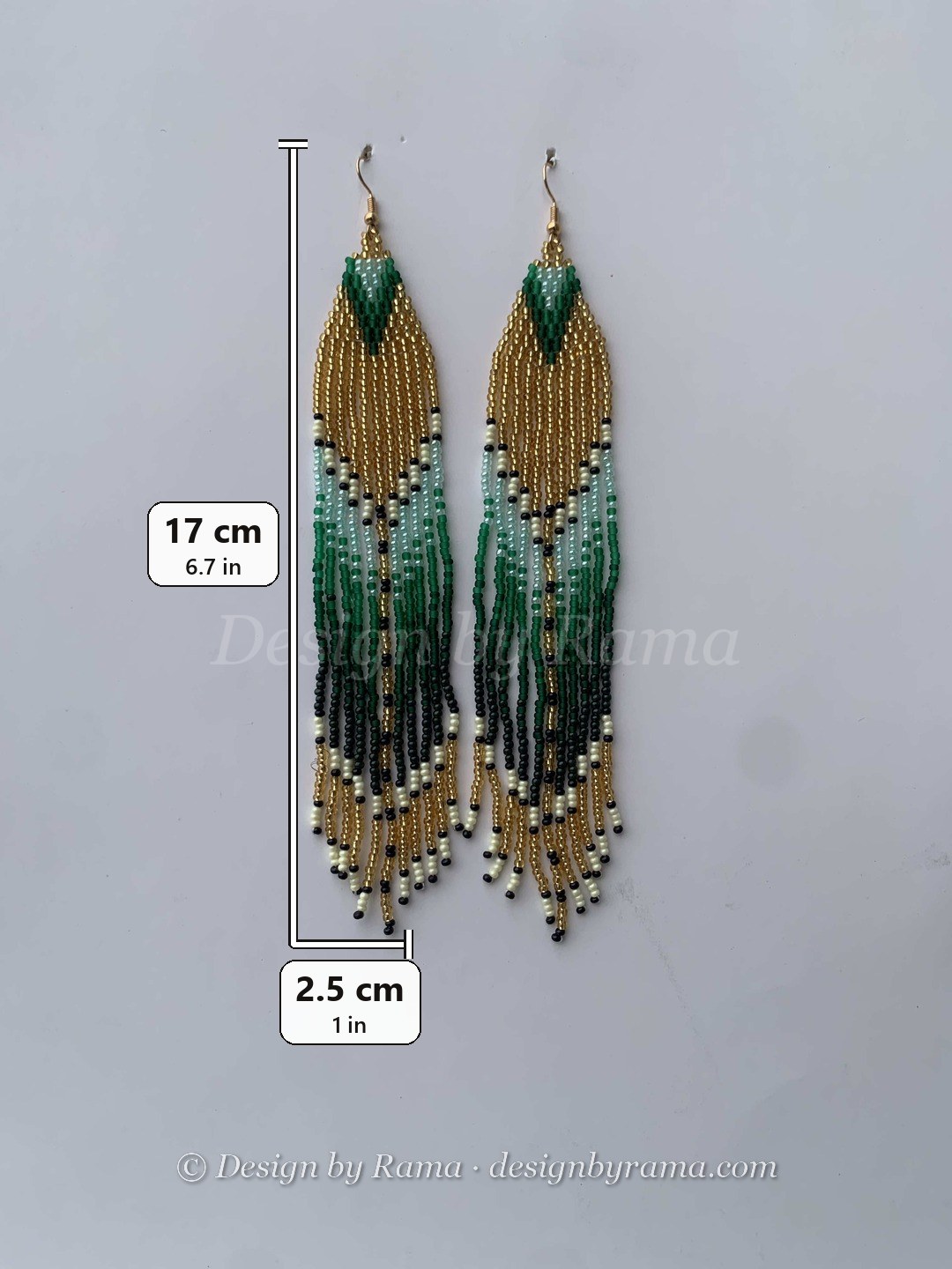 Pepease Olive Feather — handmade green, gold, cream beaded fringe earrings by Rama, Ghana, Duncan BC