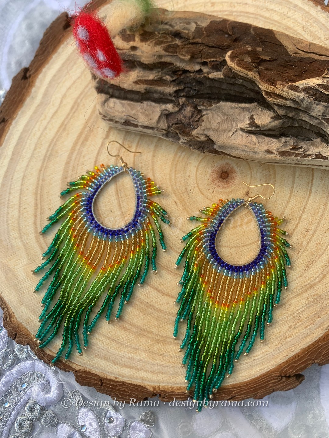 Pusiga Peacock Plume — handmade green, blue, gold, yellow beaded earrings by Rama, Ghana beads, Duncan BC