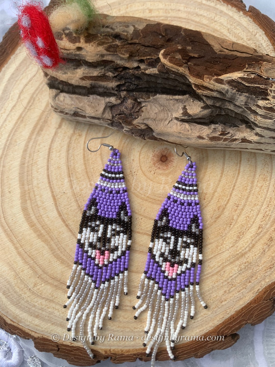 Sandema Purple Husky — handmade purple, black, white, pink beaded novelty earrings by Rama, Ghana beads, Duncan BC