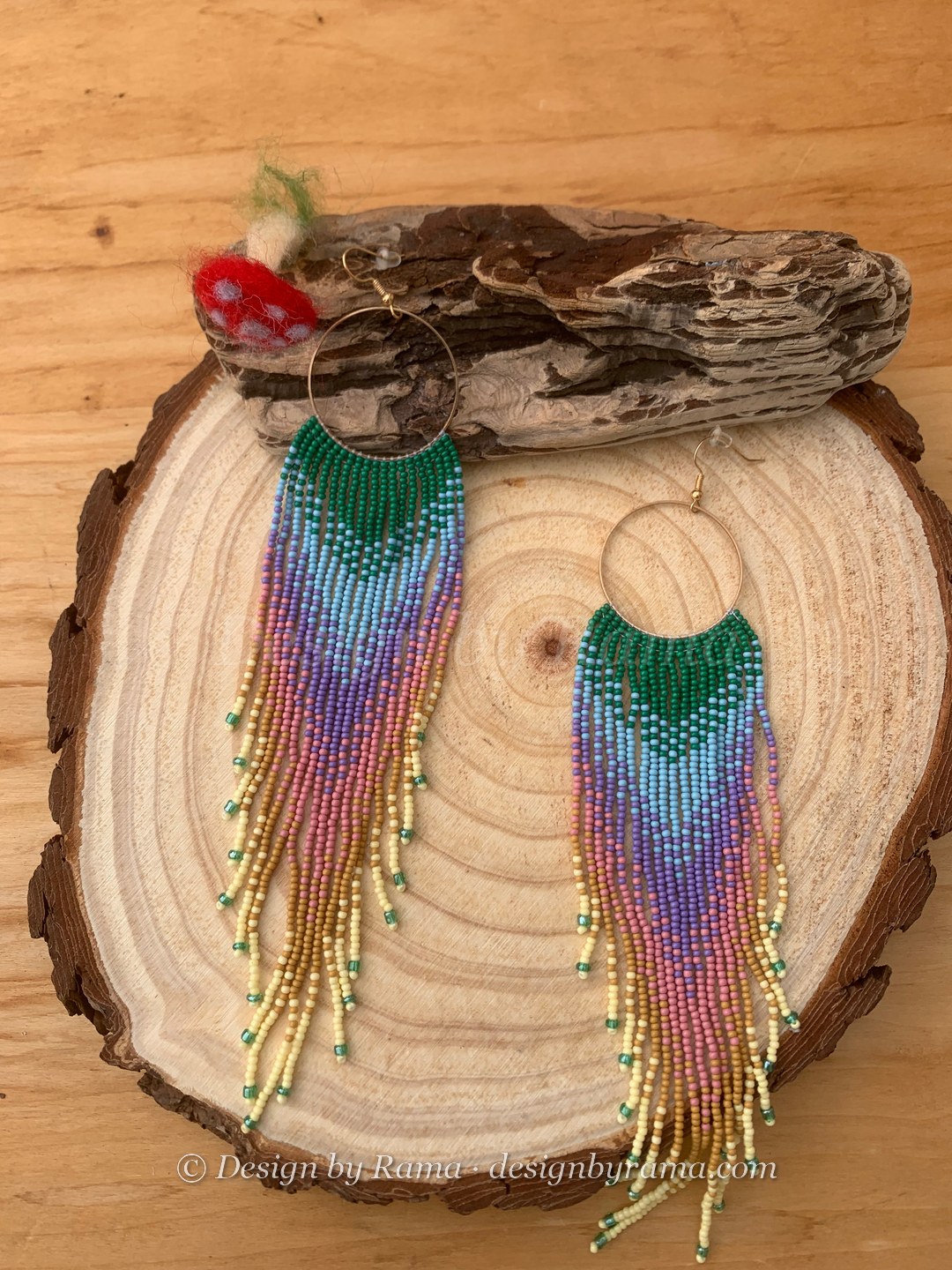 Somanya Aurora Hoops — handmade green, purple, pink, gold beaded hoop earrings by Rama, Ghana beads, Duncan BC