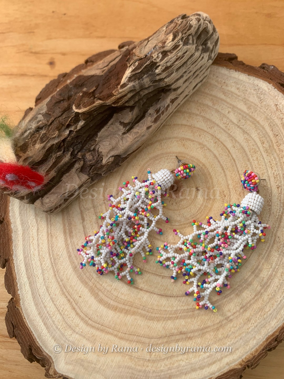 Teshie Coral Branch Earrings — handmade white, multicolour beaded novelty earrings by Rama, Ghana beads, Duncan BC